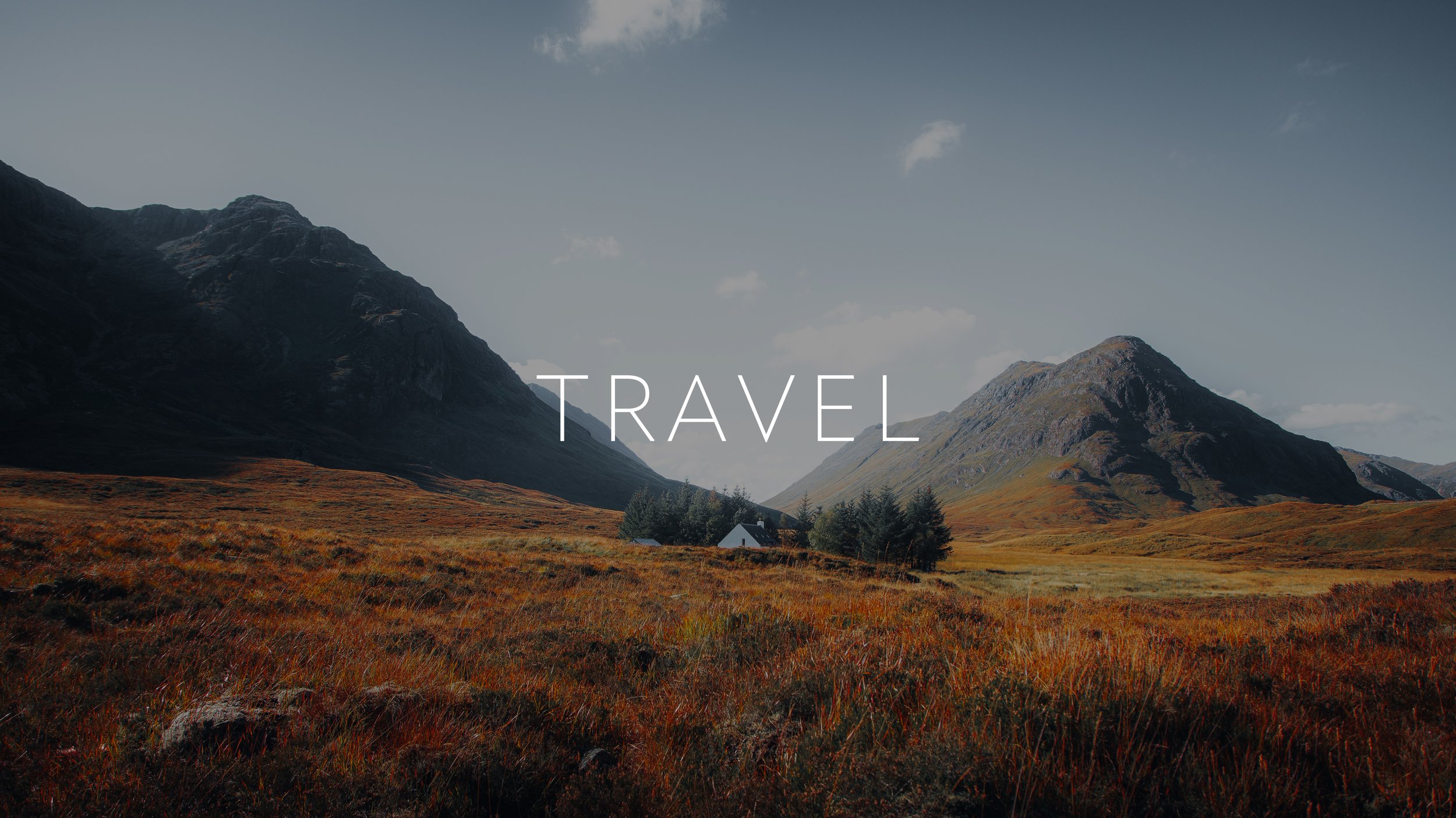 Scenic landscape featuring mountains, grassy terrain, and a small house with trees, under a partly cloudy sky, with the word 'TRAVEL' overlaid.