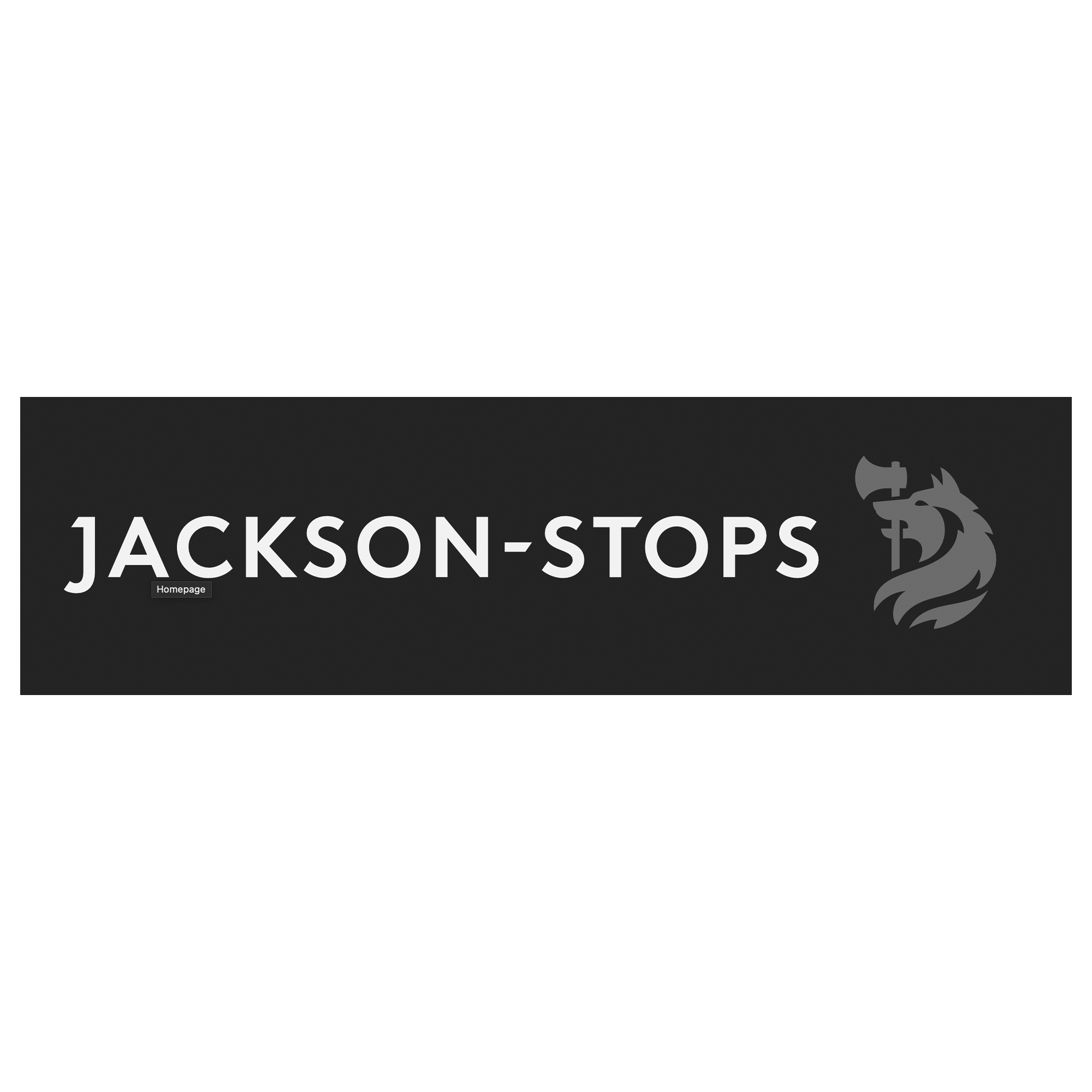 Dark grey banner with the text 'JACKSON-STOPS' in large white letters and a stylized lion head logo on the right.
