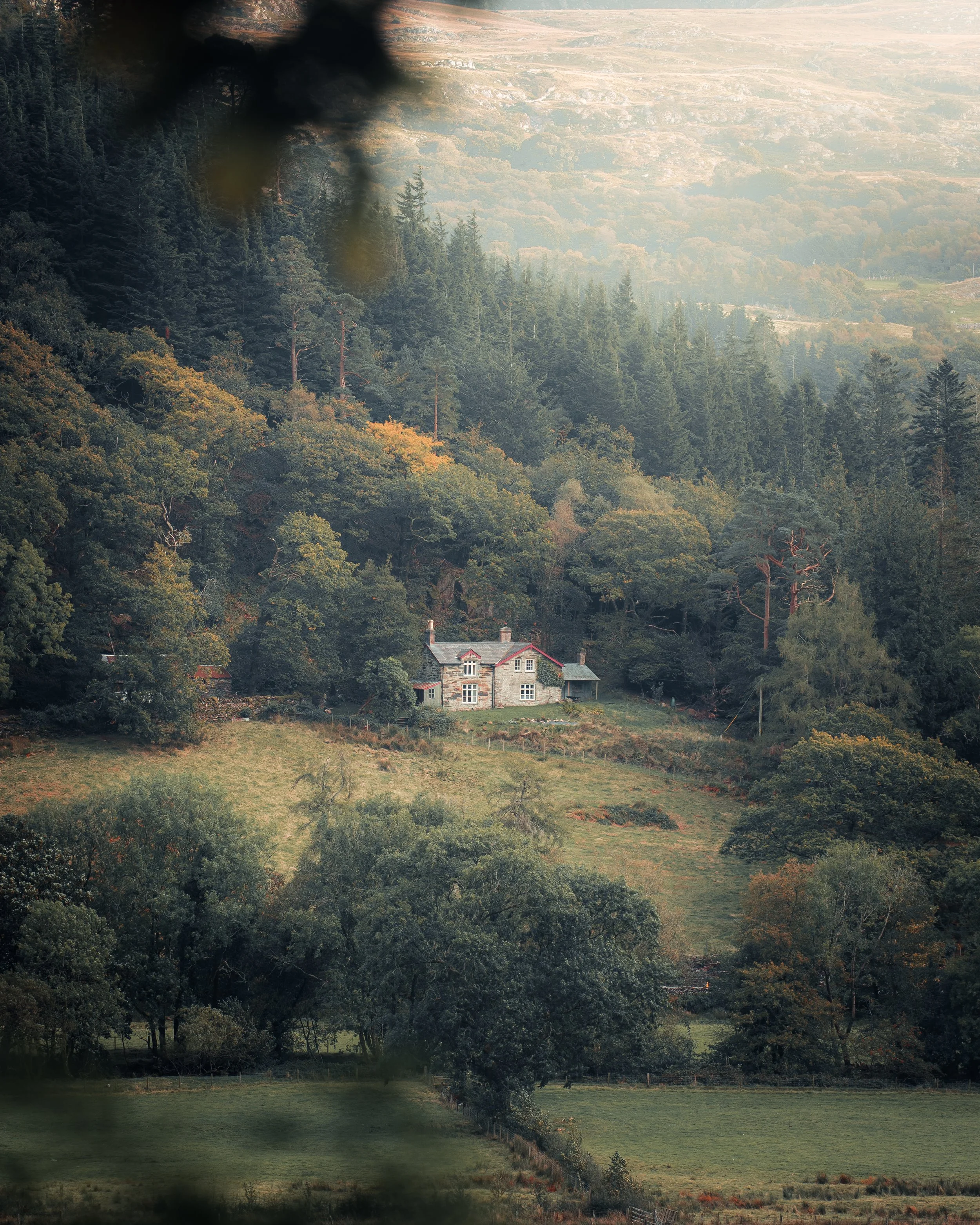 A stone house with chimneys and a small attached building nestled on a hillside surrounded by dense green trees, with rolling hills in the background.