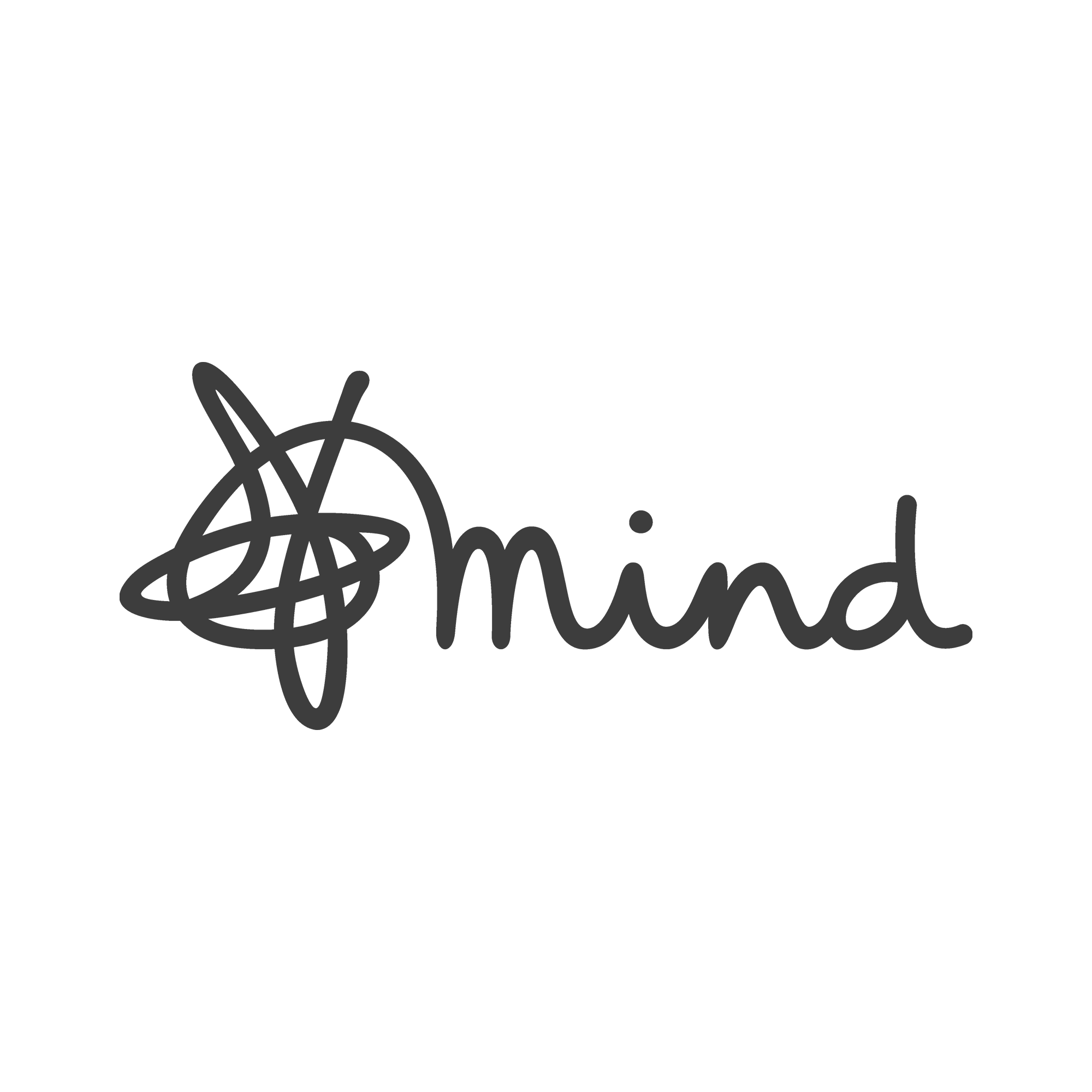 The graphic features a playful, black scribble resembling a tangled mess, accompanied by the word "mind" written in a casual, handwritten font.