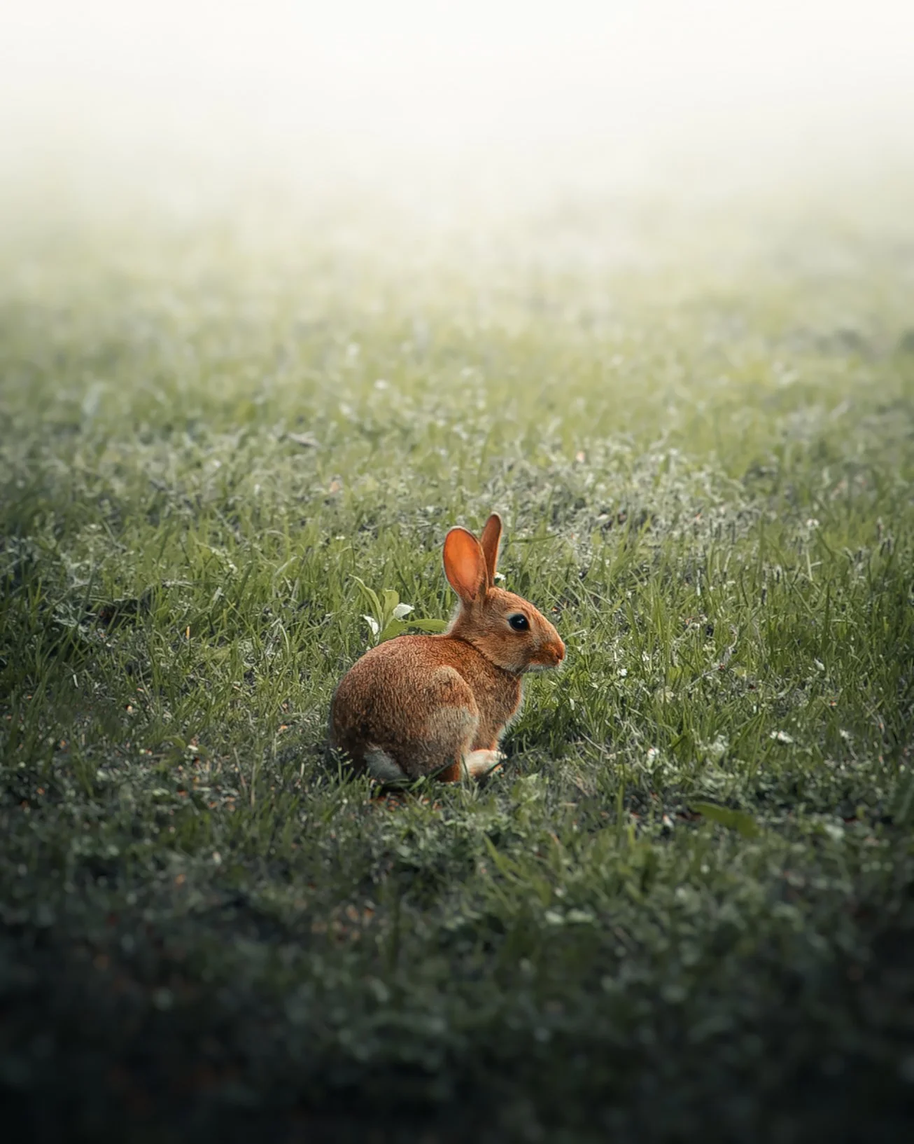 A rabbit sitting on grass with a foggy background.