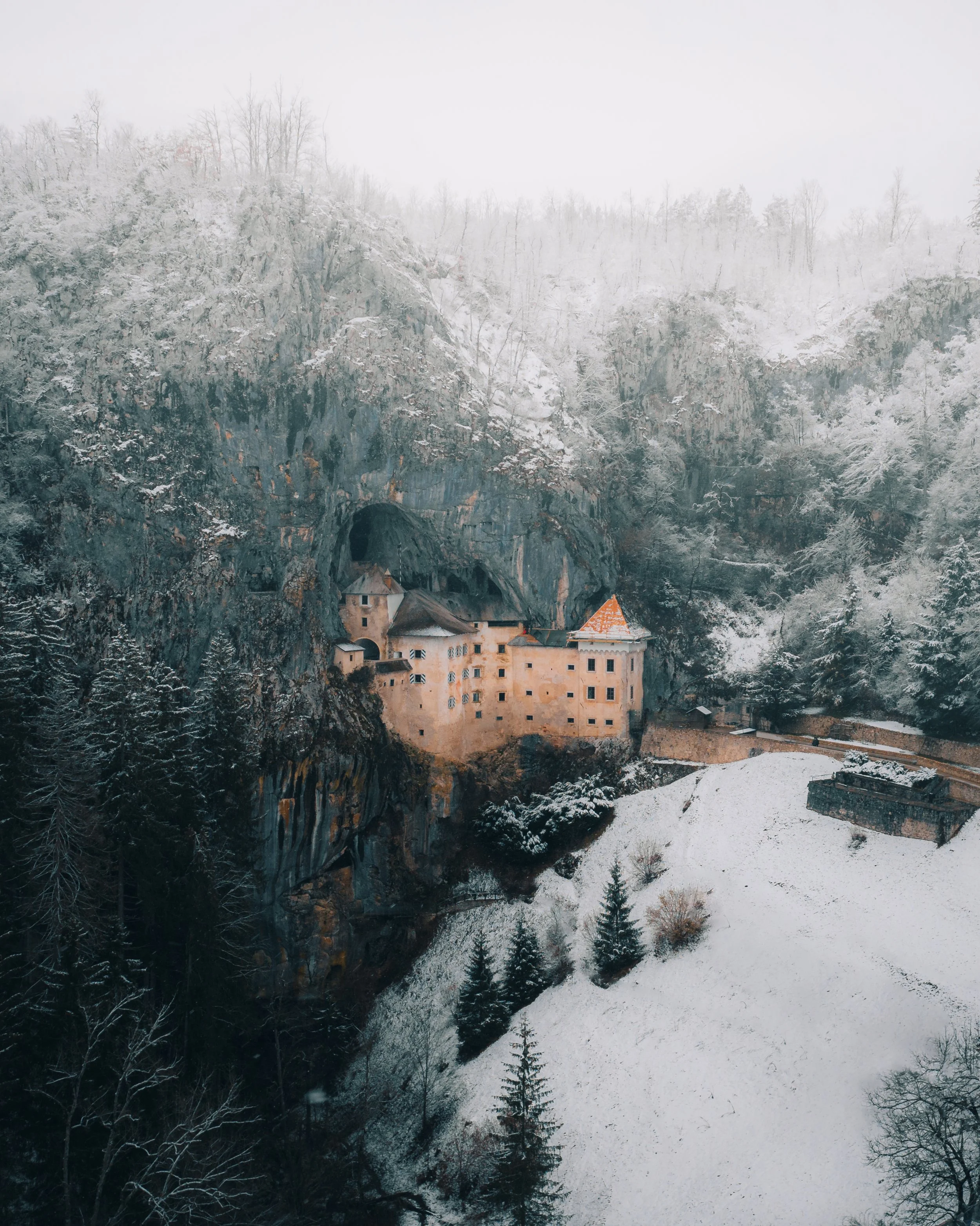 A castle built into a mountainside with a snowy forest and rocky cliffs surrounding it.