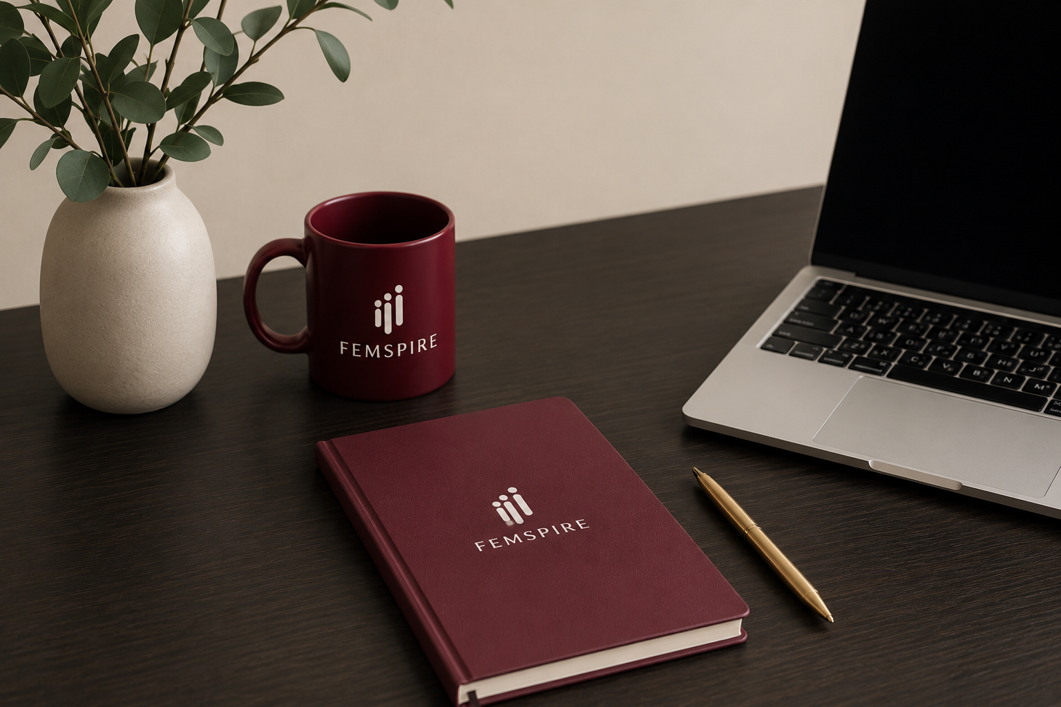 A desk setup with a white vase of green leafy plant, a maroon FЕМSPІRE mug, a matching maroon FЕМSPІRE notebook, a gold pen, and an open silver laptop on a dark wood surface.