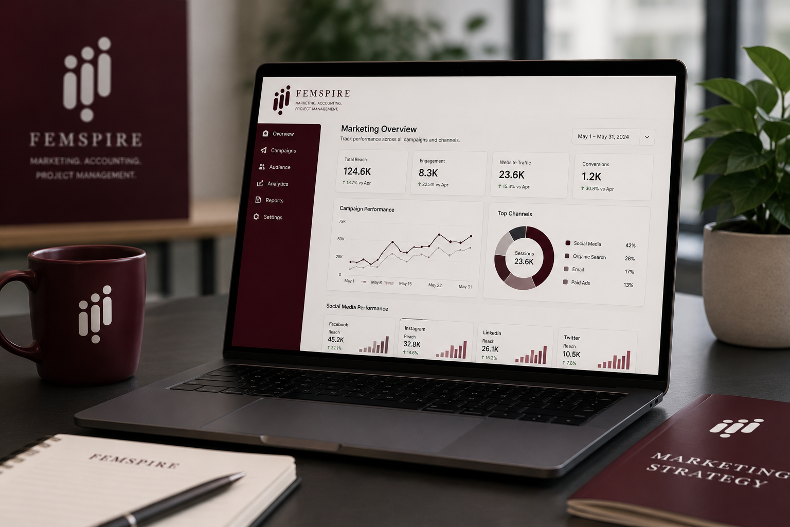 Laptop on a desk displaying a marketing analytics dashboard, with notebooks, a pen, and branded coffee mugs around it.