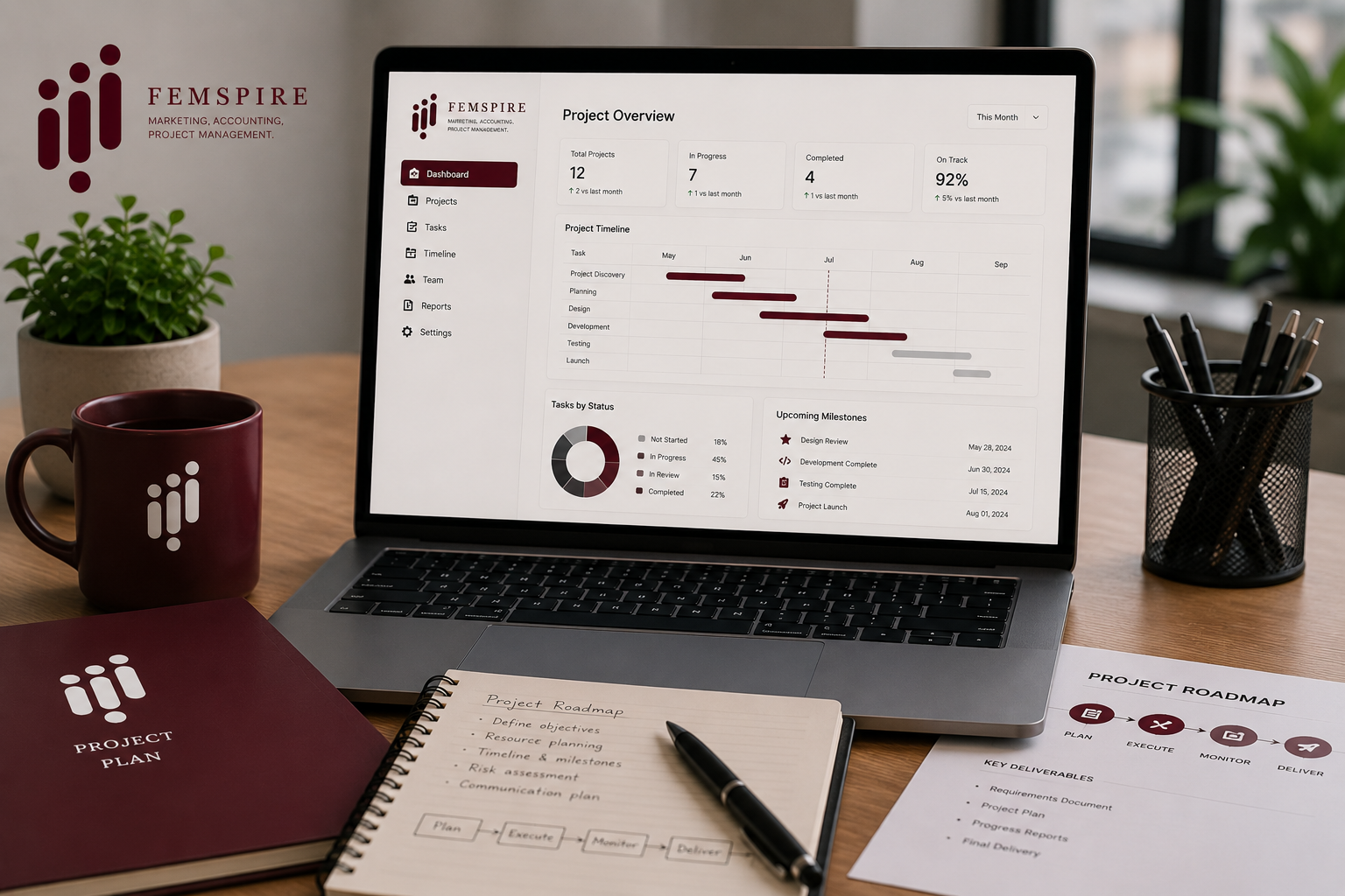 Laptop displaying project management dashboard, project plans, and milestones surrounded by a project plan book, notebook, pen, coffee mug, and plant on a wooden desk.