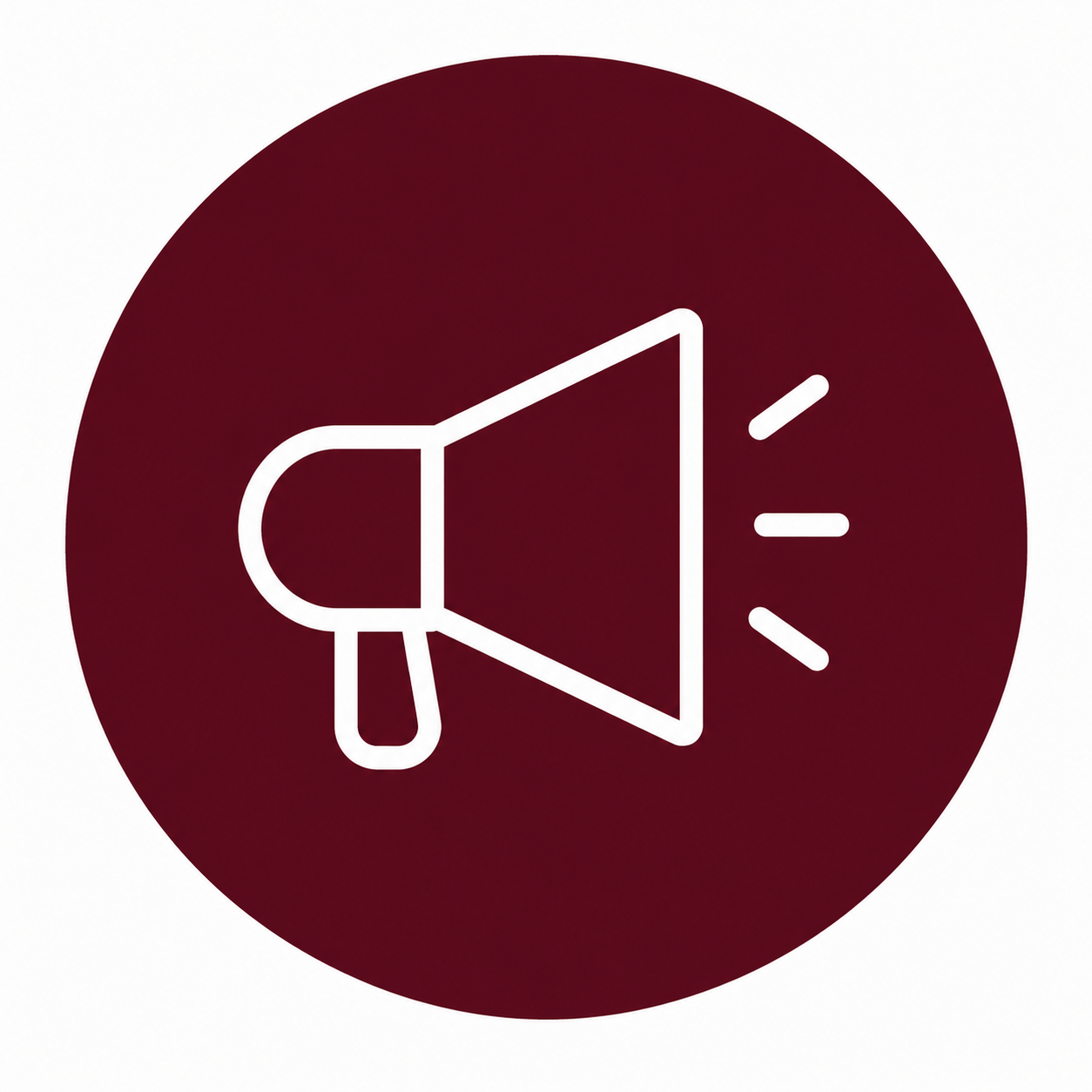 White megaphone icon on a dark red circular background.