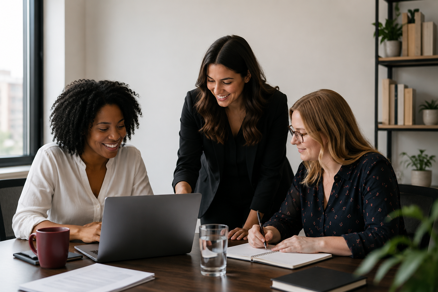 Three women working together around a laptop in an office, smiling and collaborating