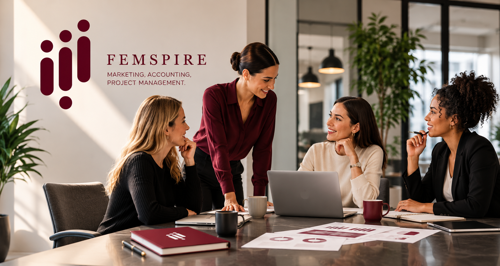 Four women in a business meeting in a modern office, with one woman standing and talking to the three others who are sitting around a table with laptops, notebooks, and coffee mugs, in front of a wall with 'FEMspire' and related services listed.