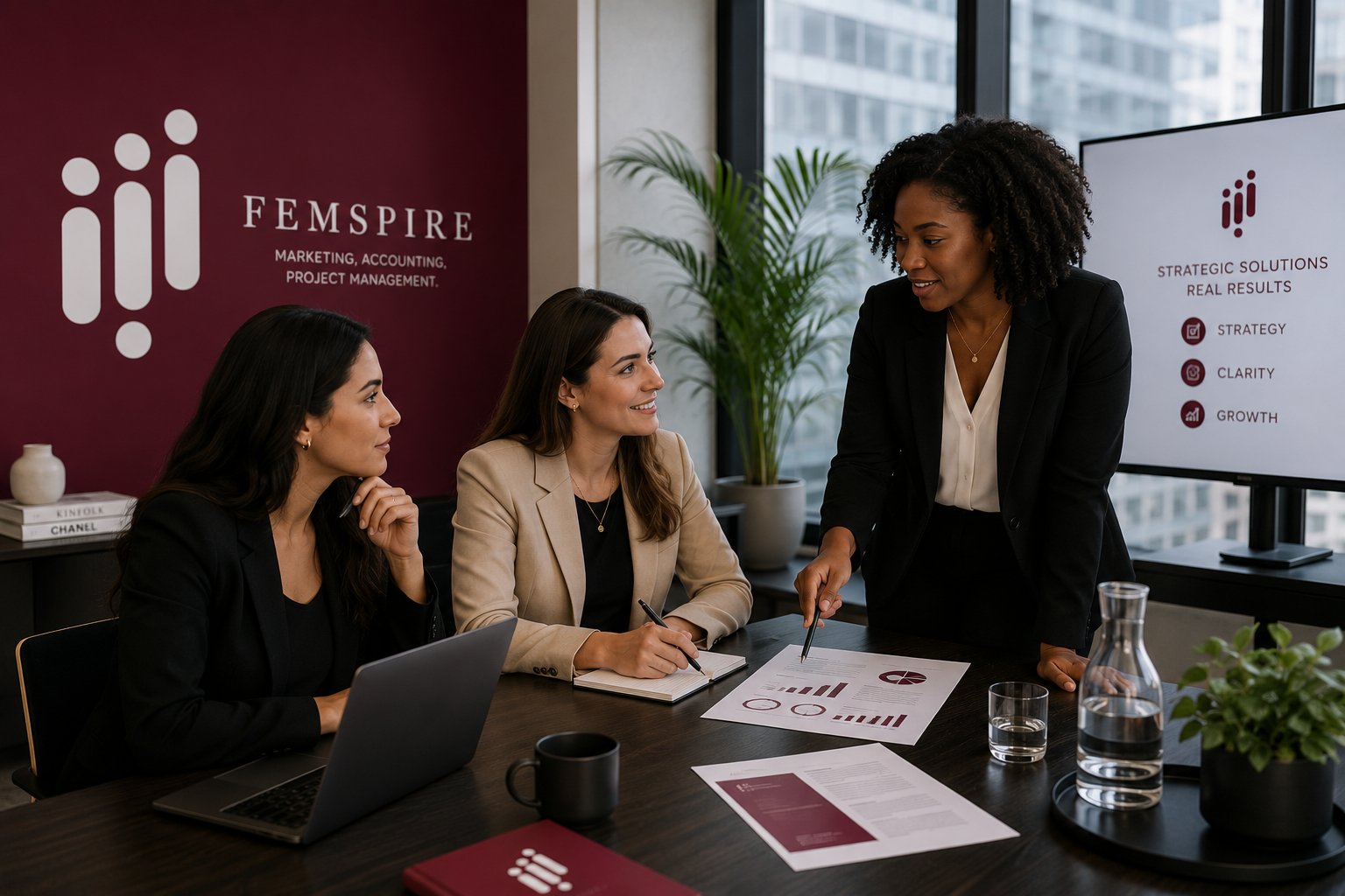 Business meeting with three women in a conference room discussing charts and strategies.