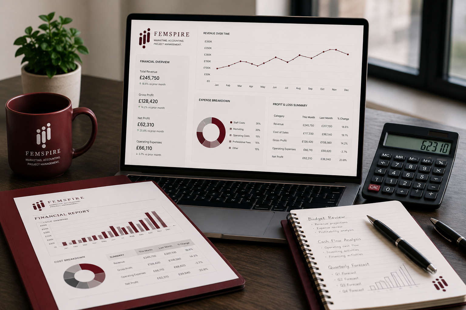 A laptop displaying financial graphs and data on a desk, with a red coffee mug, a potted plant, a calculator, a financial report, and a notebook with a pen. The report and notebook show financial analysis and budget review notes.
