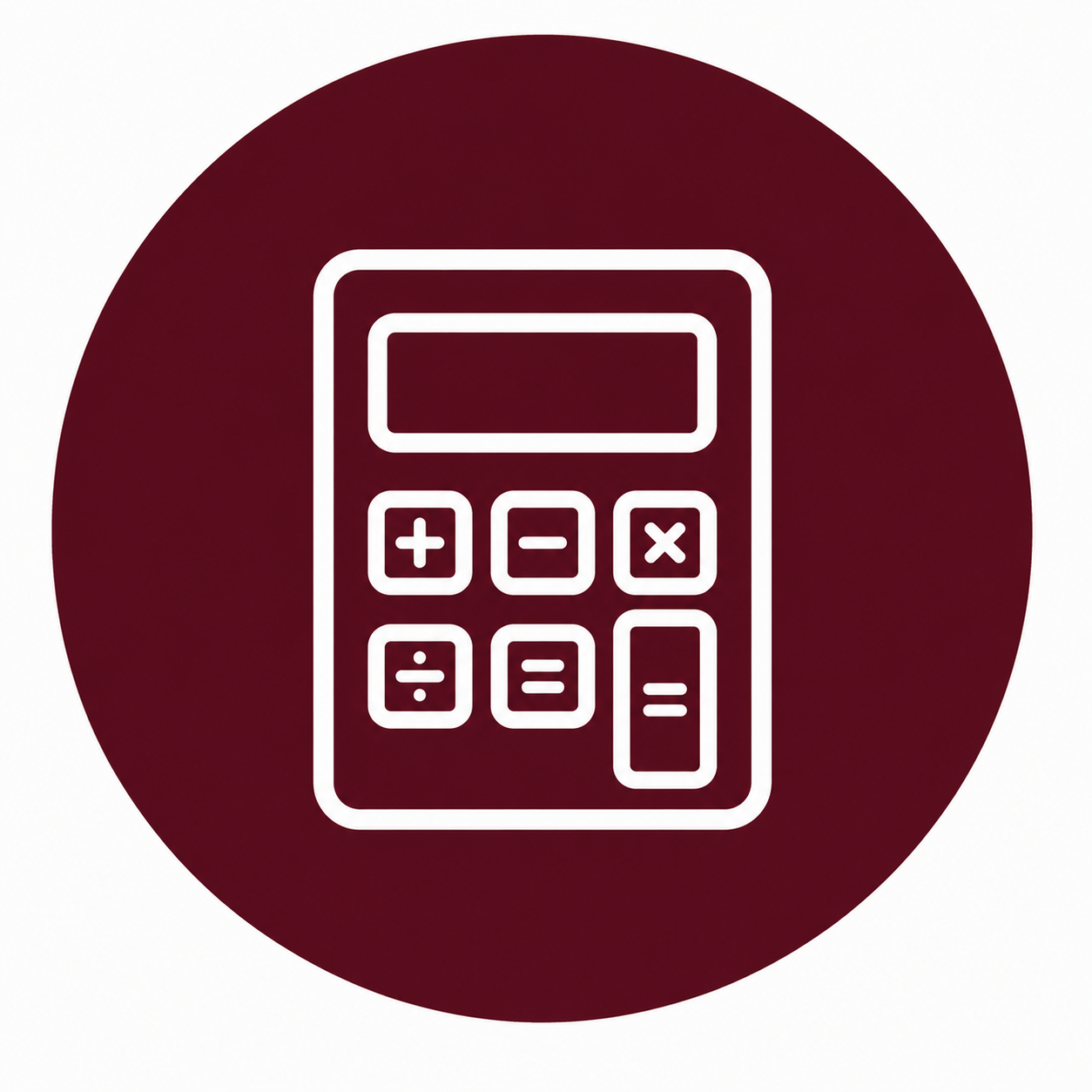 Icon of a calculator with number pad and display screen, outlined in white on a dark red circular background.
