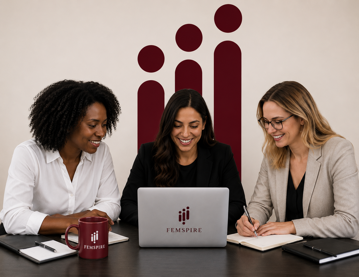Three women sitting at a table, working together with a laptop, notebooks, and a mug, with a Femspire logo and graph illustration in the background.