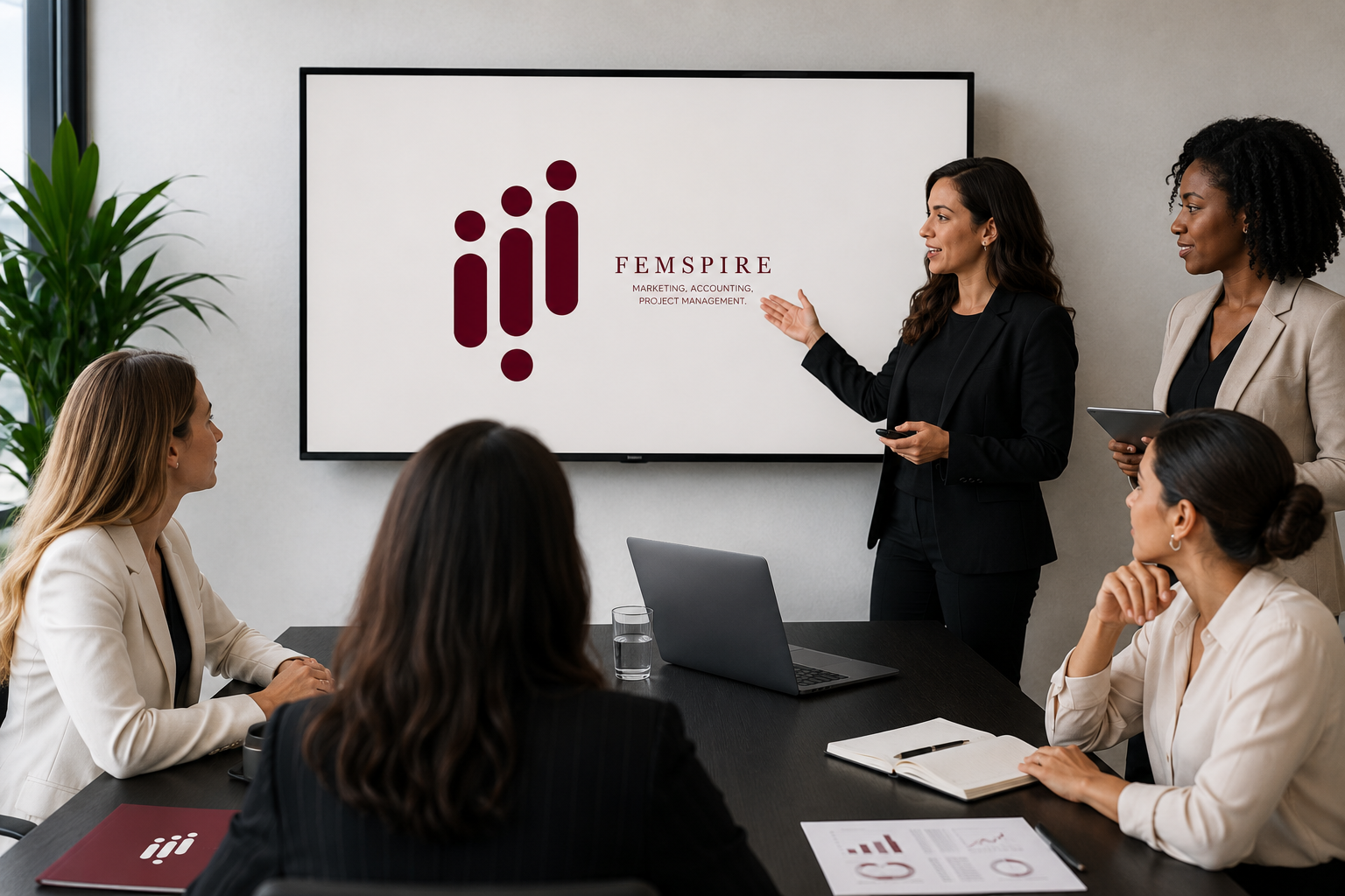 A woman in a black blazer giving a presentation on a large screen that displays the logo and name 'Femspire' with text 'Marketing, Accounting, Project Management' in a conference room. Four women are seated at a table, attentively listening, with laptops, notebooks, and documents in front of them.