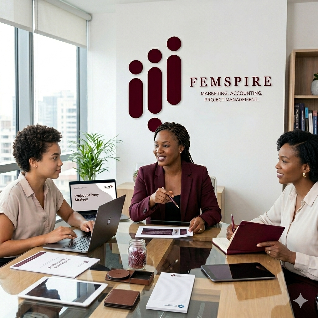Three women having a meeting in a modern office, with a woman in a burgundy blazer leading discussion. The office has large windows, a wooden table with laptops, notebooks, and a jar of candy. The company logo 'FEMPIRE' is on the wall behind them, along with the words 'Marketing, Accounting, Project Management.'