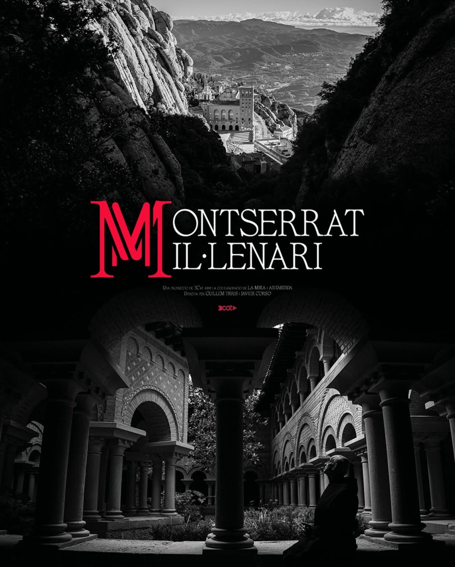 Portada de un libro o programa llamado 'Montserrat Millenari' con una imagen en la parte superior de montañas y un edificio en un valle, y en la parte inferior una estructura arquitectónica de arcos y columnas en color negro y blanco.
