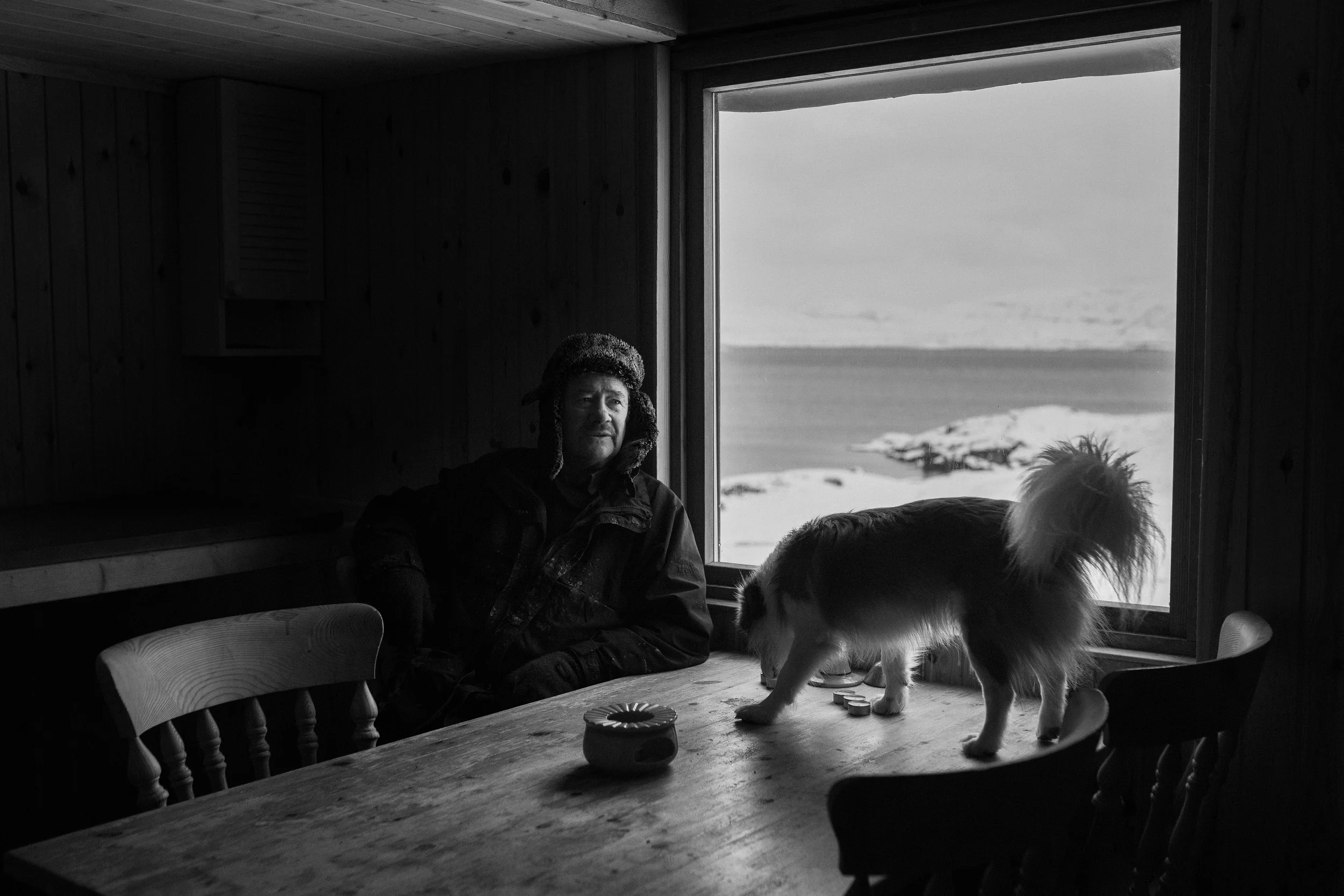 Un hombre sentado en una mesa dentro de una cabaña de madera, con un perro sobre la mesa y una vista de la playa y el mar a través de la ventana en el fondo.