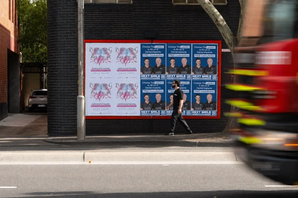 Purity Ring hitting Northcote Theatre  in June &mdash; and the streets already know.
Posters up, eyes on, city buzzing
#purityring #streetposter #oohadvertising #shoutoutourloud
