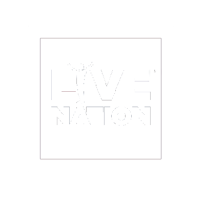 Live Nation logo with a black background, white border, and the word 'LIVE' above 'NATION' with a person with raised arms incorporated into the letter 'I'.