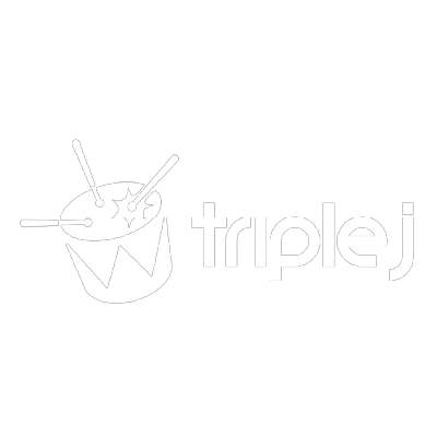 Logo of Triple J with a stylized drum and drumsticks
