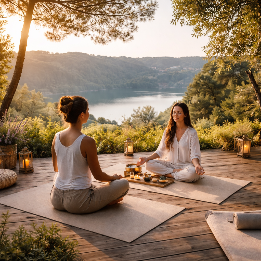 Two women practicing yoga outdoors on a wooden deck near a lake, surrounded by trees and greenery, with lanterns and candles creating a serene atmosphere during sunset.
