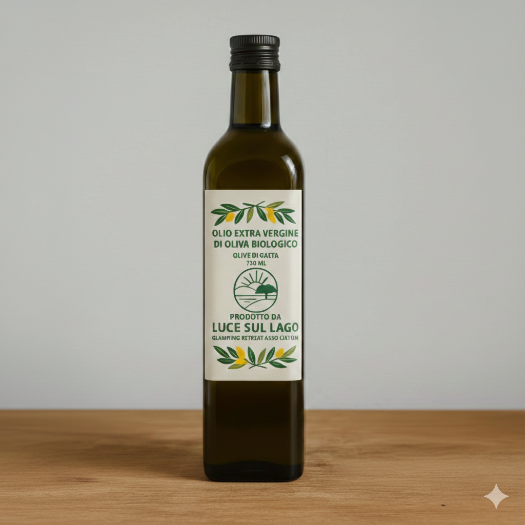 A bottle of organic extra virgin olive oil with a white label, green and yellow olive branch design, placed on a wooden surface against a light gray background.