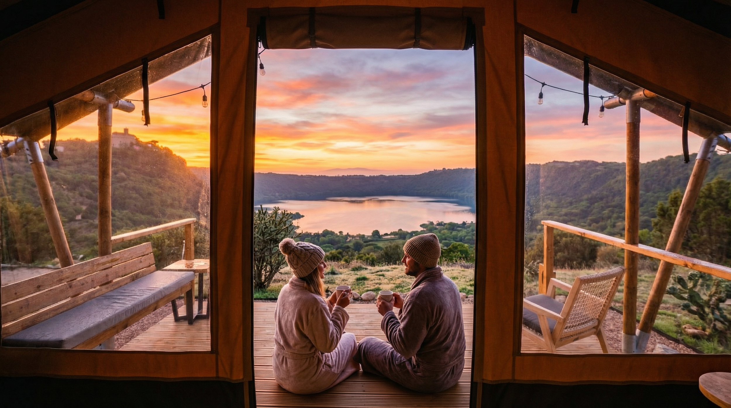 Couple sitting in a cozy tent cabin, enjoying coffee together during sunrise, overlooking the lake of Nemi near Rome and rolling hills.