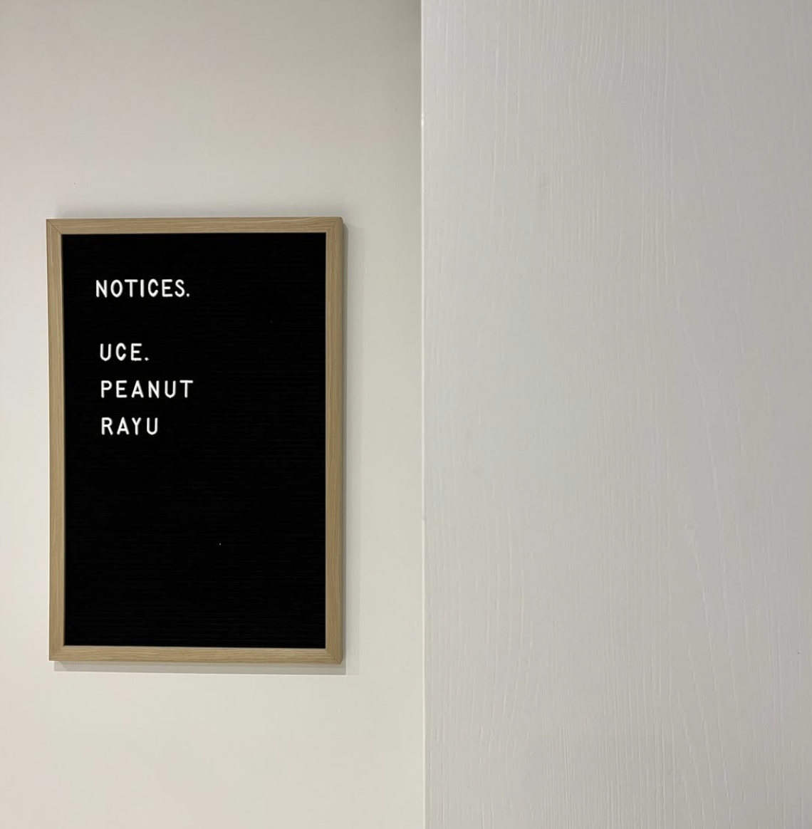 A black felt letter board with a wooden frame displaying the words 'NOTICES. UCE. PEANUT RAYU' on a white wall.