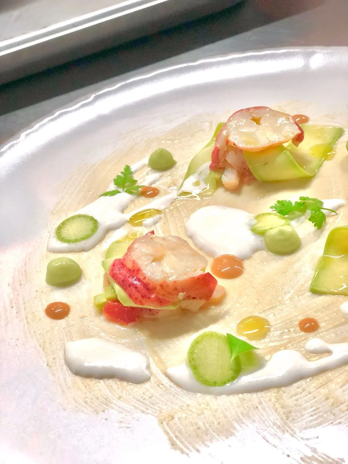 Gourmet dish with lobster, avocado, trumpet zucchini and mozarella sauces on a white plate.