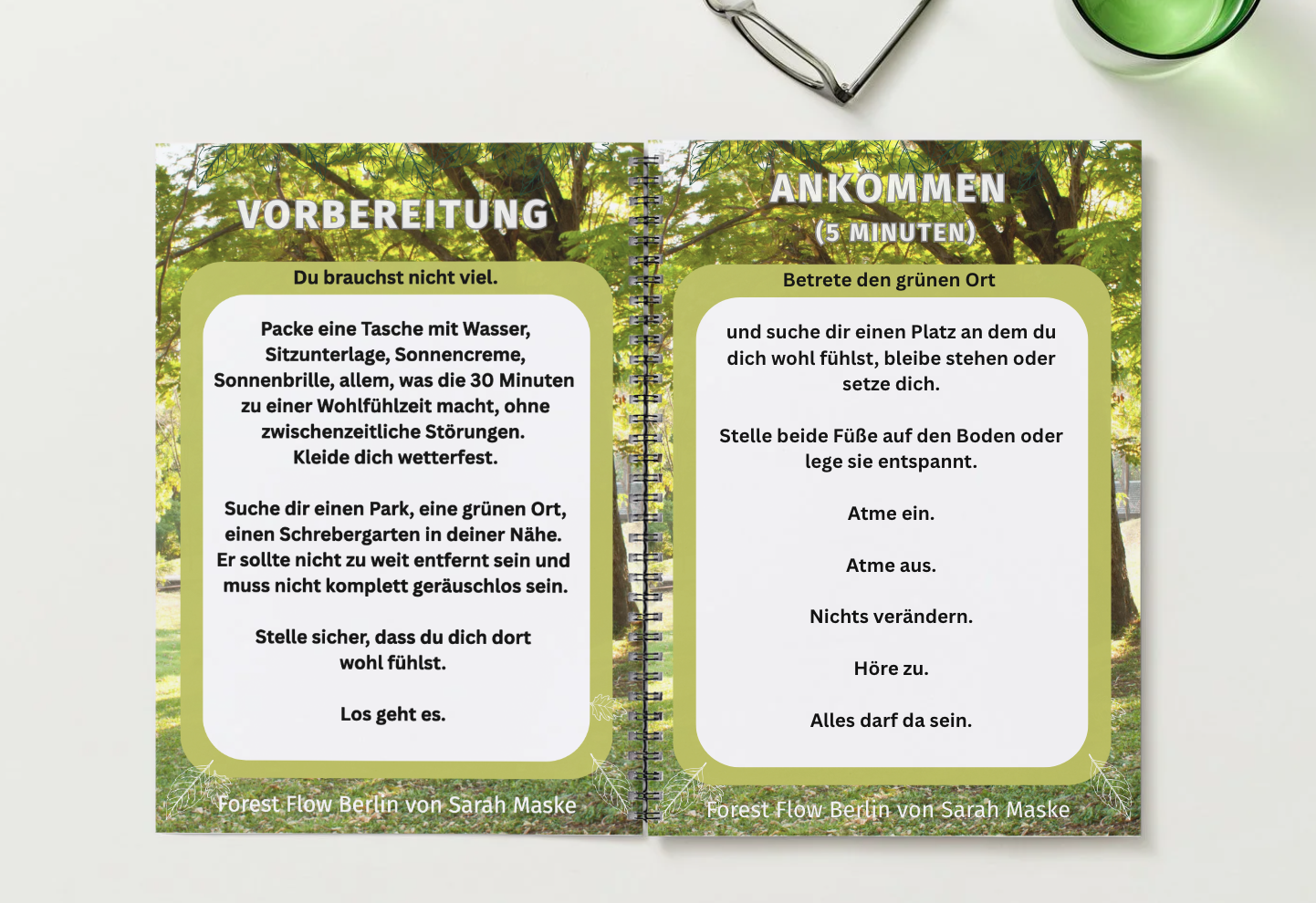 Zwei offene Bücher mit einem grünen Waldhintergrund und Text auf Deutsch, die Anleitungen für eine kurze Naturpause geben.