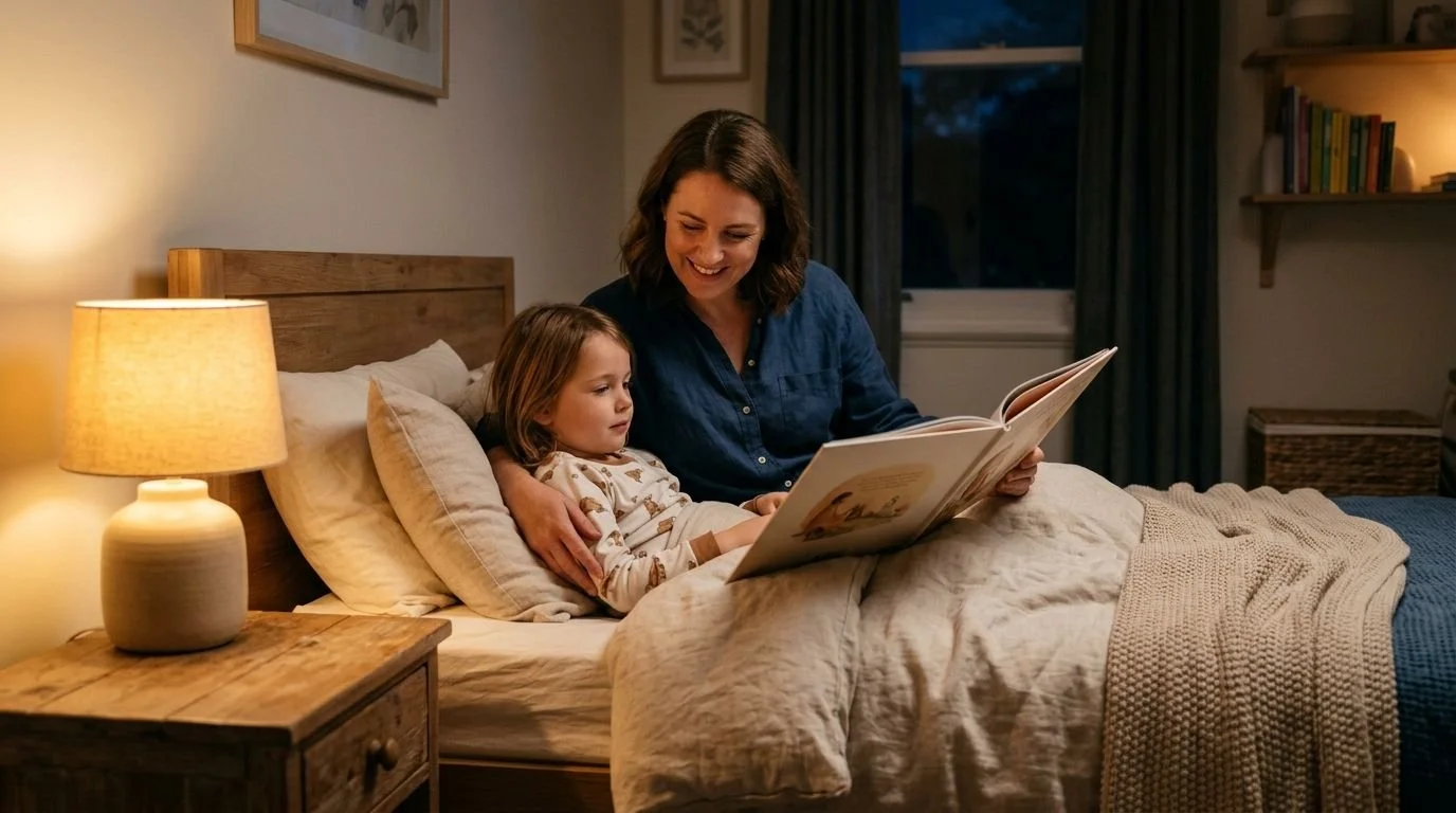 Parent reading a bedtime story to a child as part of a calm sleep routine after iHerb melatonin stopped shipping to Australia