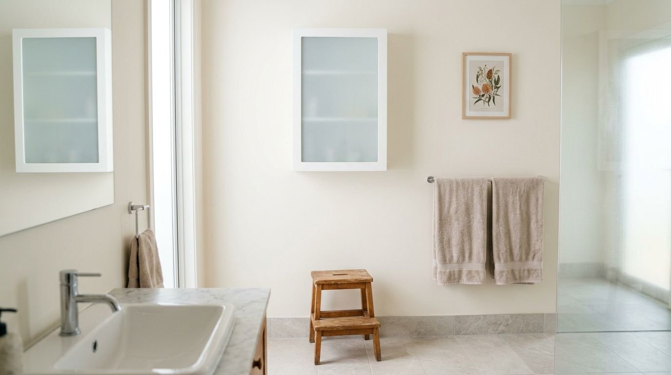 Medicine cabinet mounted high on a bathroom wall, out of reach of children