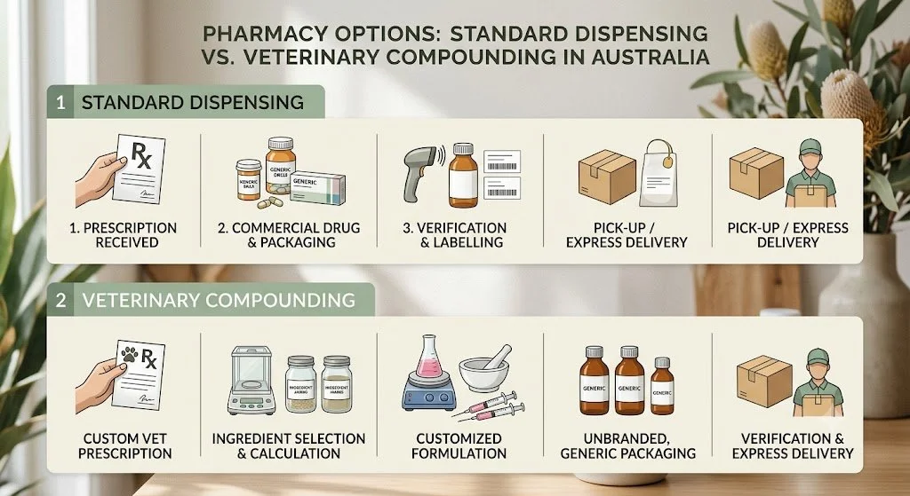 Diagram comparing standard pharmacy dispensing with veterinary compounding pharmacy process in Australia