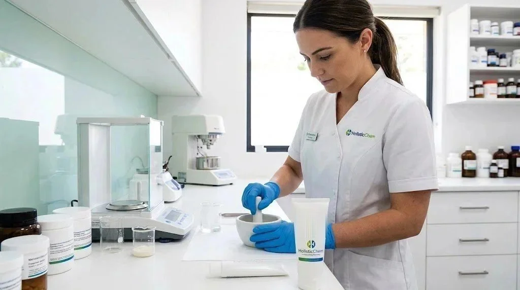 Pharmacist at HolisticChem in Bayswater preparing a prescription skin cream