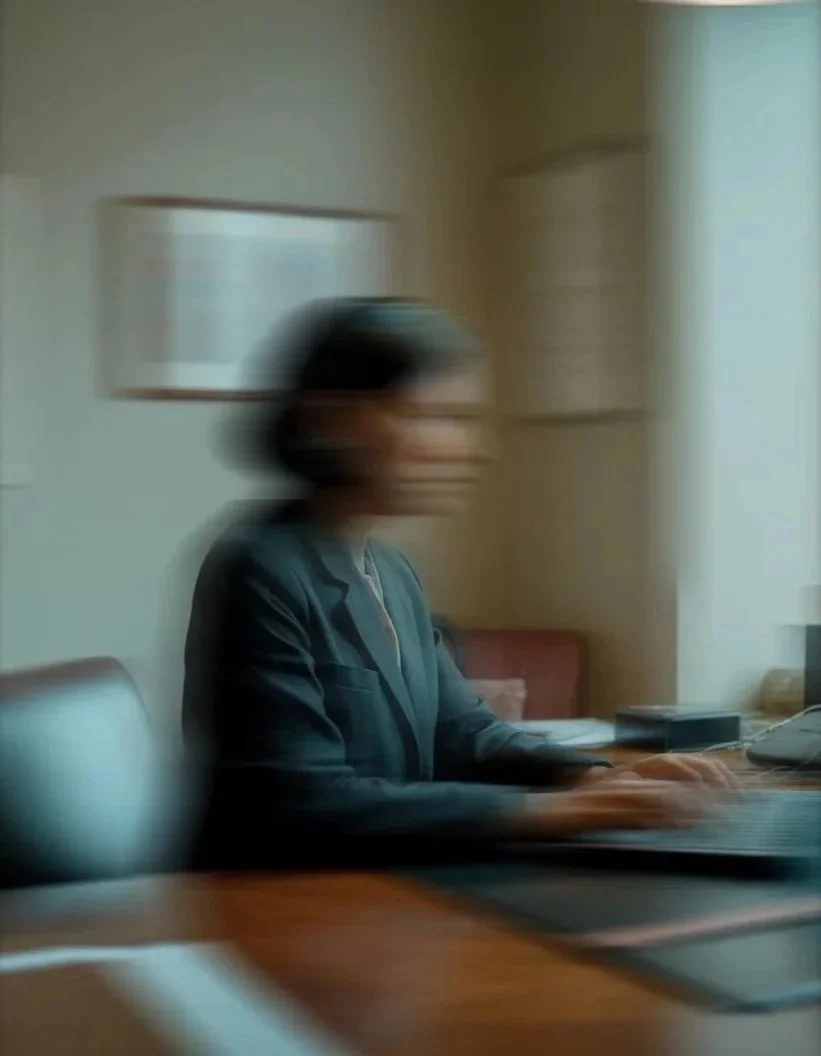 A woman business owner sits at her desk, immersed in work. She looks stressed and life seems like a blur.