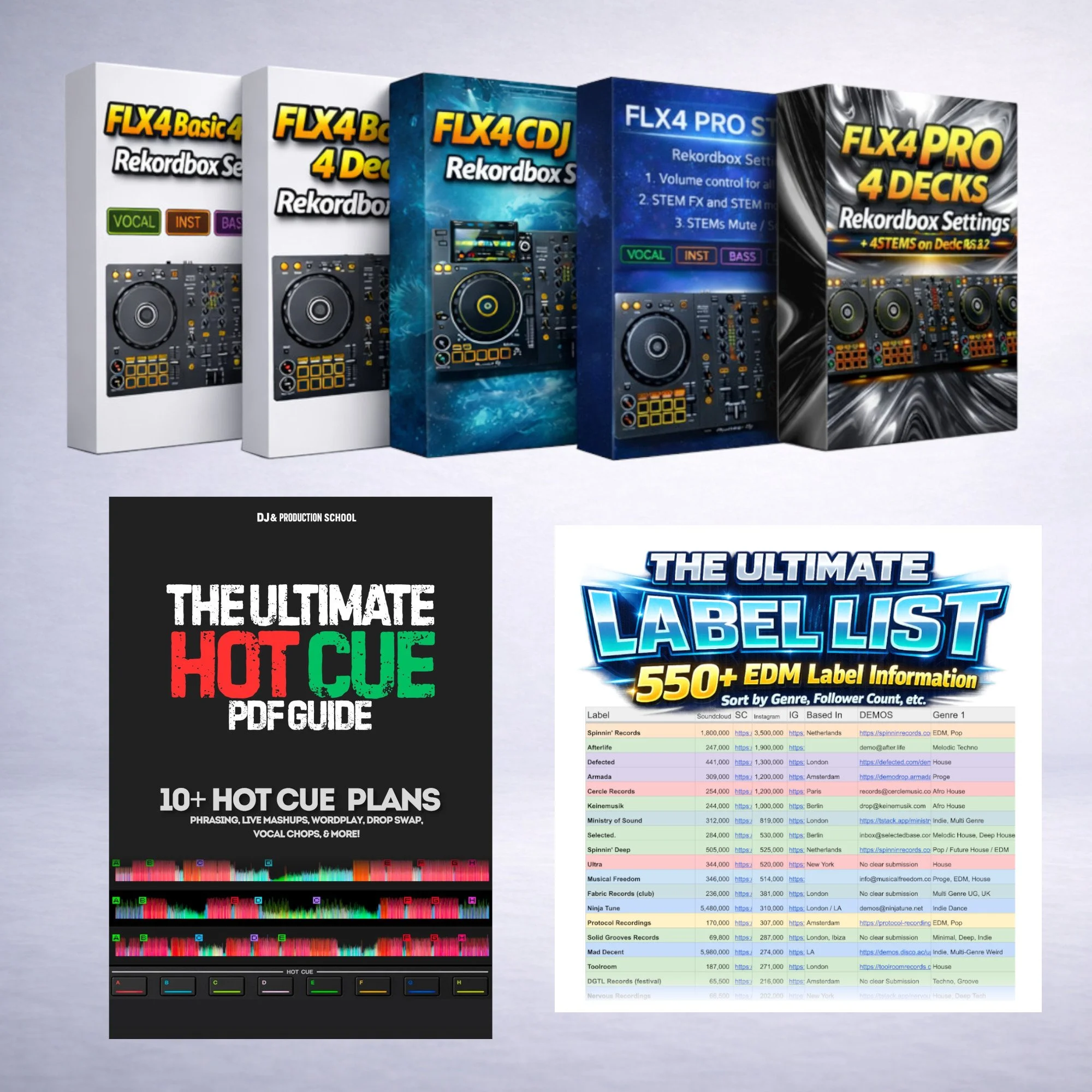 Collection of music production and DJ software and hardware guides, including DJ cue plans, label lists, and DJ controller images.
