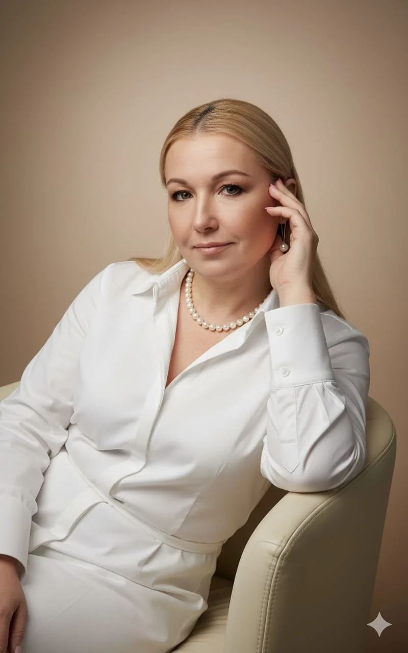Mujer joven con cabello rubio, vestido blanco, collar de perlas y aretes de perla, posando en una silla con fondo de color beige.