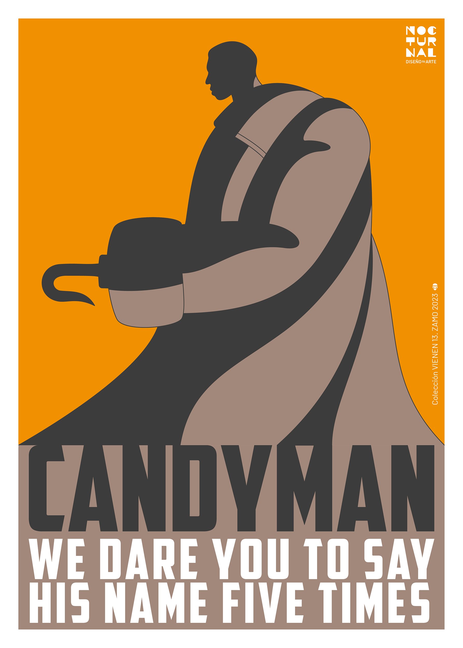 A stylized illustration of a man holding a hook with the text "CANDYMAN WE DARE YOU TO SAY HIS NAME FIVE TIMES" and additional text indicating this is from the VIENEN 13 ZAMO 2023 collection.