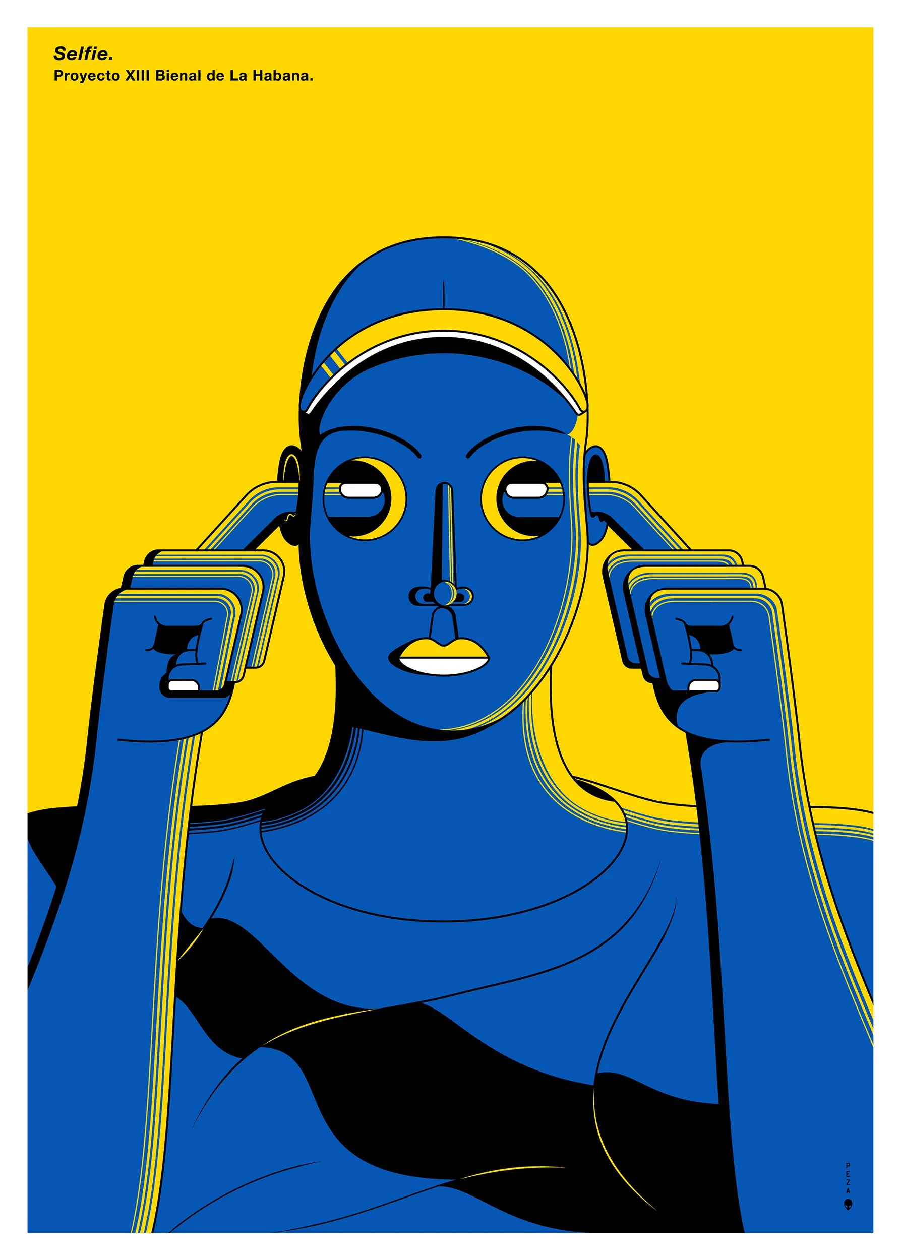 A stylized digital illustration of a man with short hair wearing headphones, depicted in shades of blue with yellow accents, against a yellow background. The man is touching her headphones with both hands, and her face has closed eyes and slightly pa