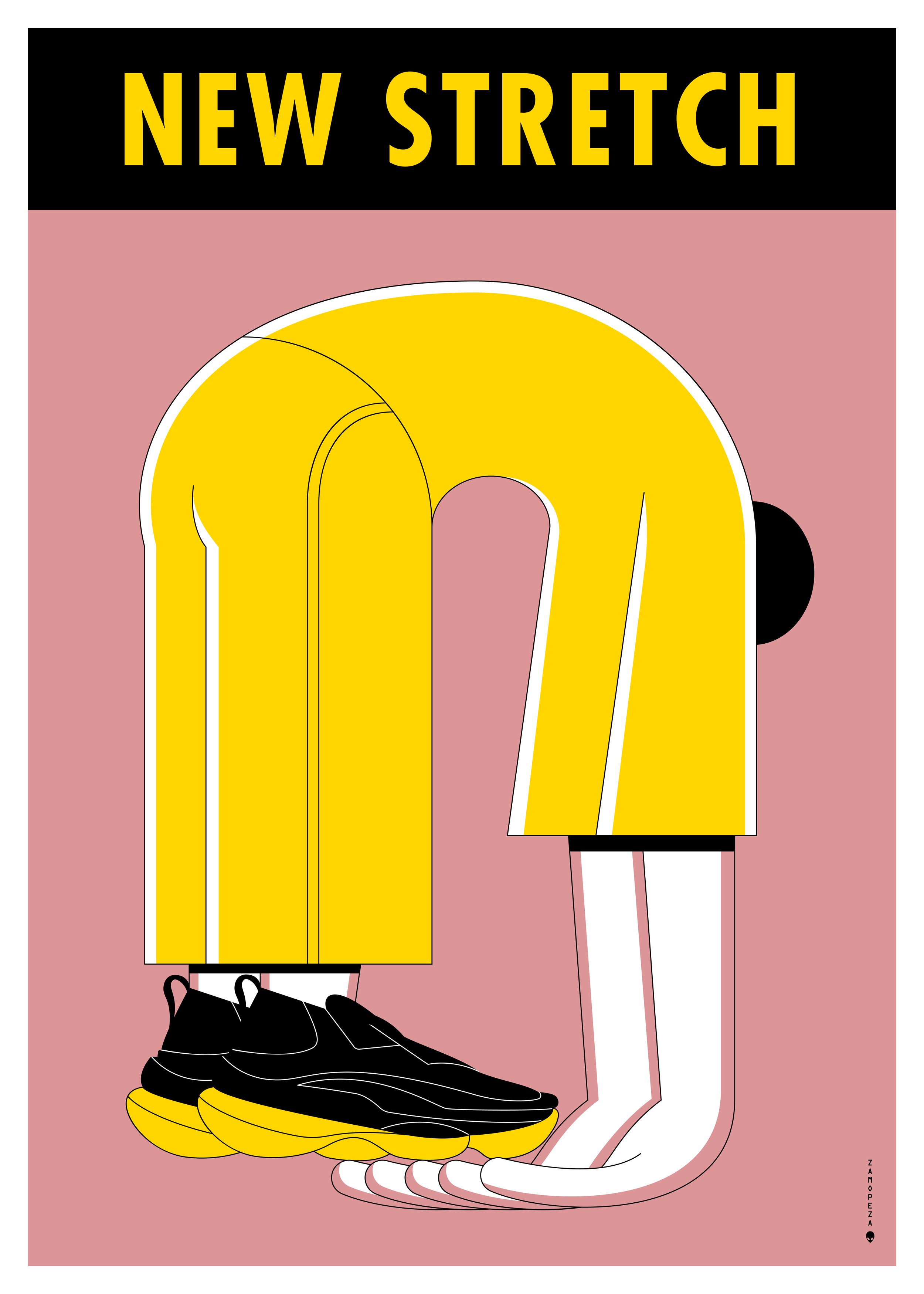Colorful illustration featuring a person in a yellow t-shirt and yellow pants, with black sneakers, and a large yellow 