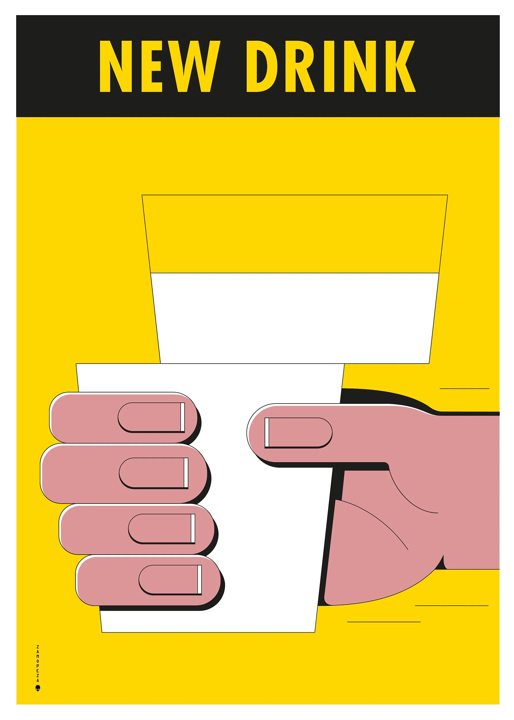A graphic illustration of a hand holding a white cup of milk with a yellow background and bold black text that says 'New Drink' at the top.