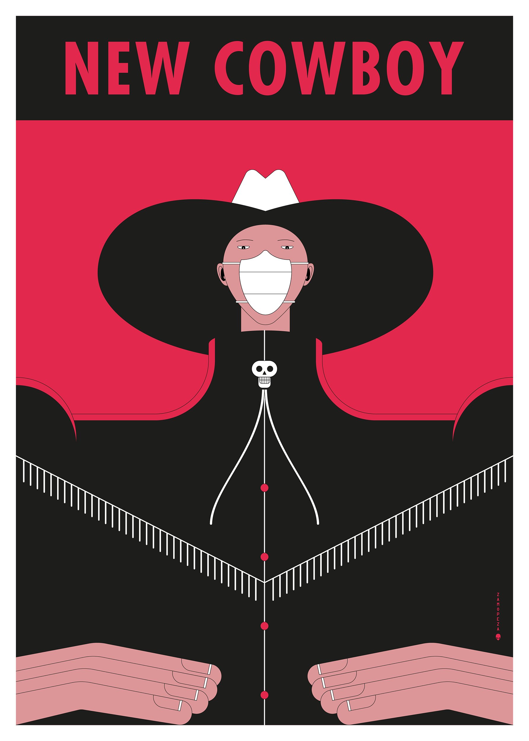 A stylized digital illustration of a person with black hair,a black outfit with red accents, and a skull necklace. The figure is positioned against a red background with bold, capitalized pink text reading "NEW COWBOY" at the top. The person has larg