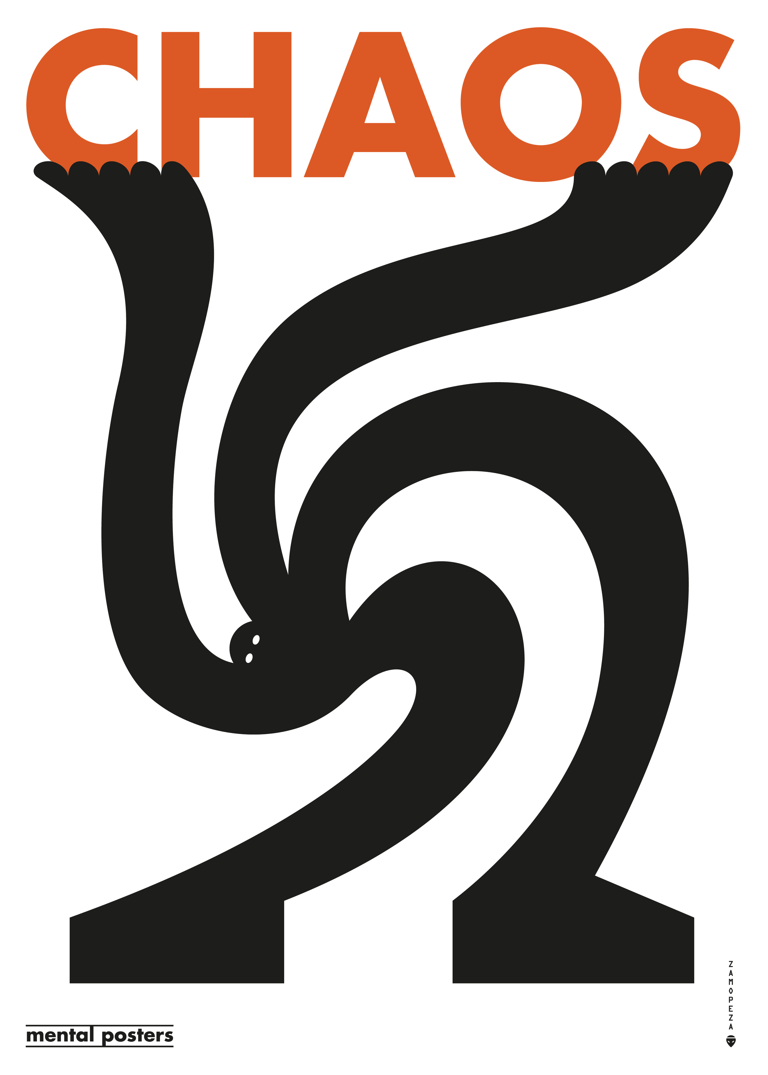 Illustration of a distorted, spiraling character, creating movement and tension. Bold and abstract, with exaggerated forms and fluid lines, set beneath the word ‘CHAOS’ in striking orange letters, emphasizing energy and disorder.