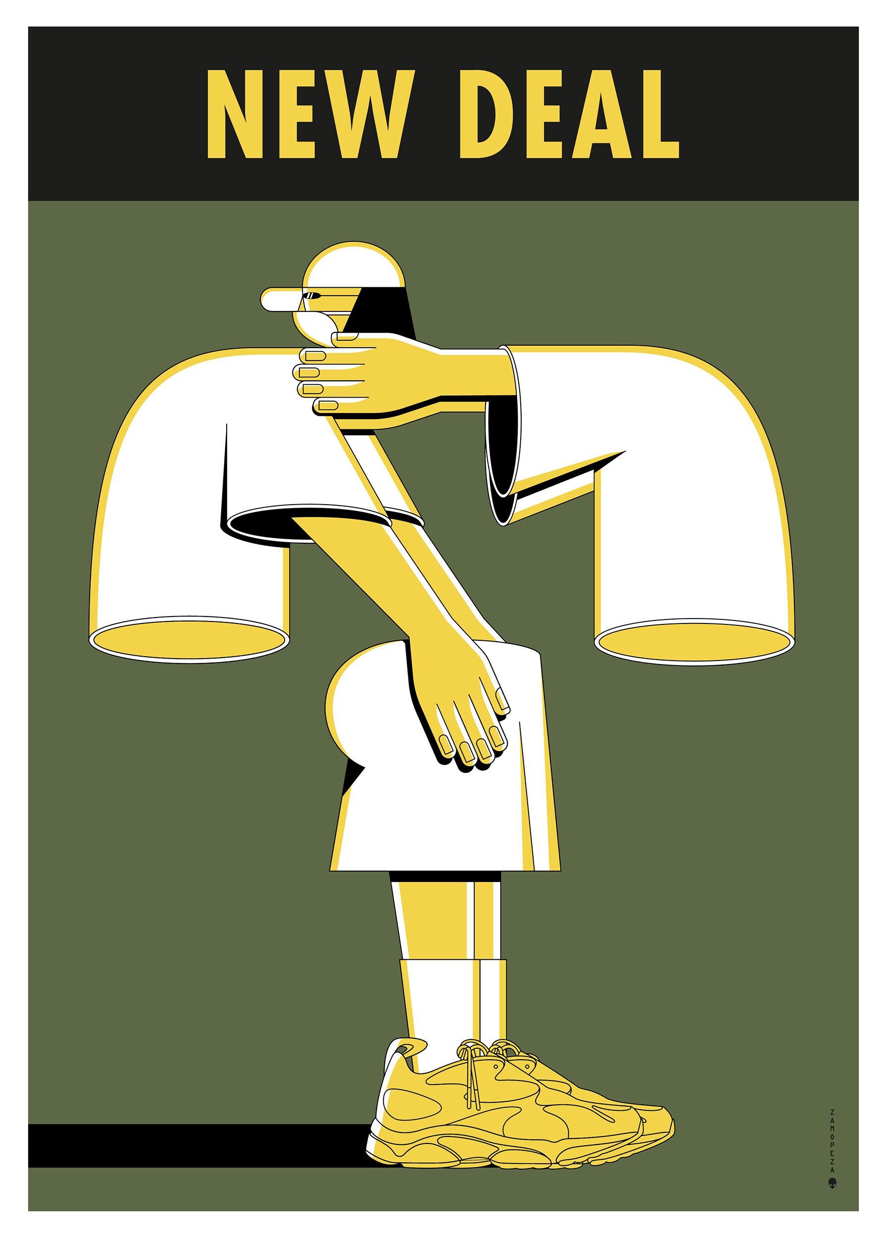 Graphic illustration of a stylized person with arms forming the scales of justice, wearing yellow sneakers, a skirt, and a t-shirt, with a dark green and black background and the text 'NEW DEAL' in yellow at the top.