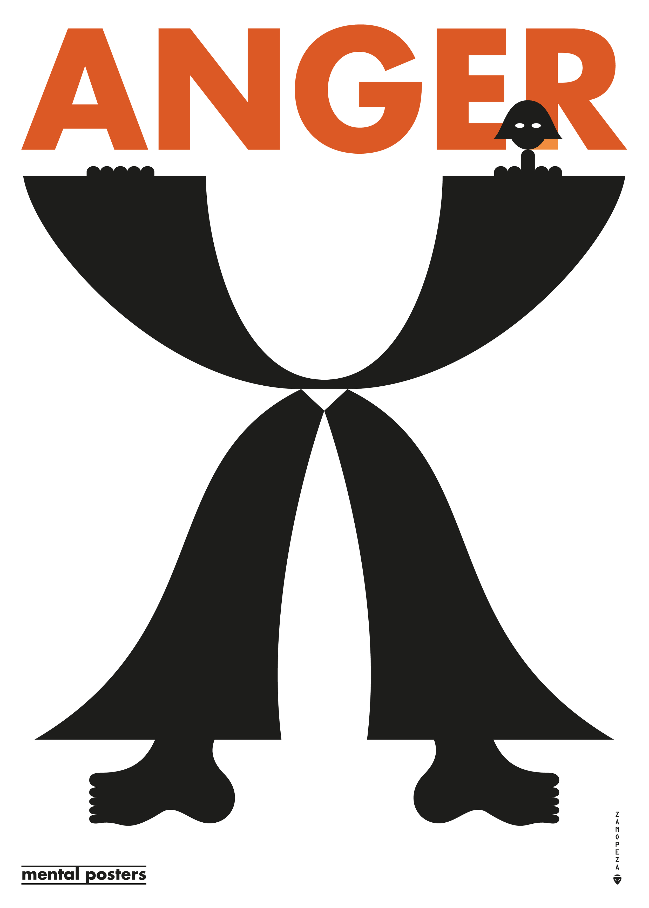 A graphic poster illustrating anger, with the word 'ANGER' in large orange letters at the top, a black mask with eyes and hair near the top, and black human-like legs and feet below. The poster is part of a mental health series.