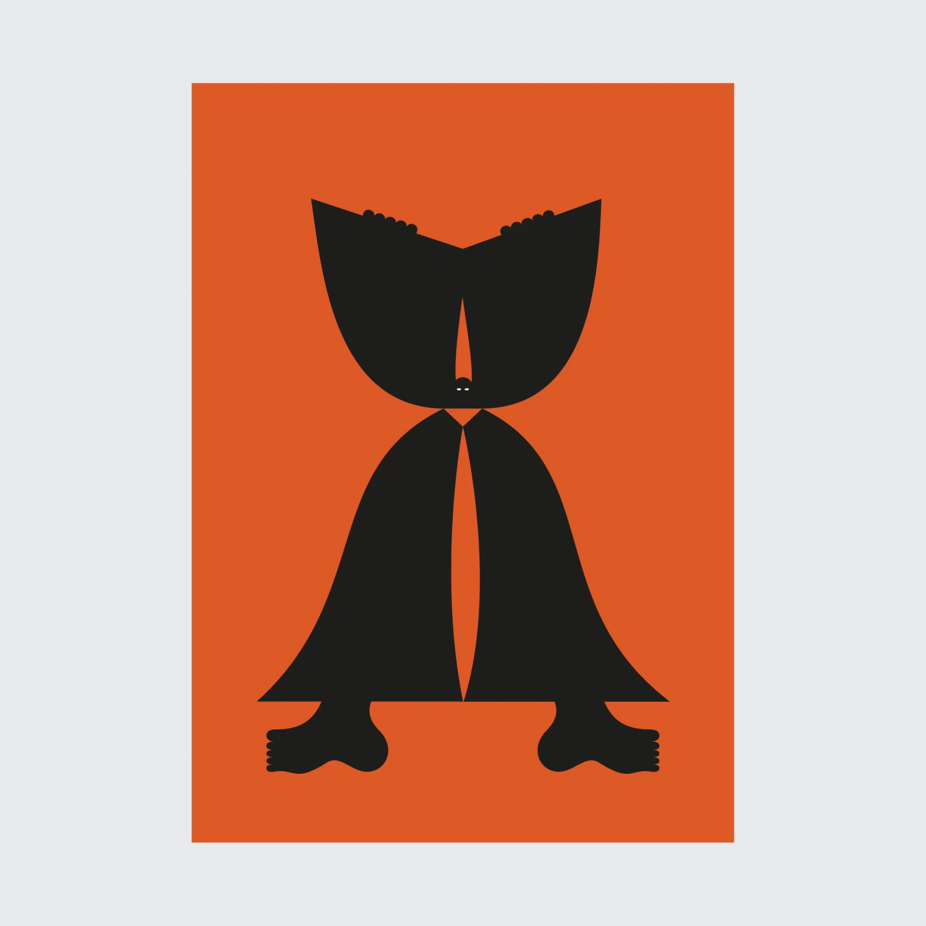 Abstract black figure with a large body and small head standing on a rust-colored background.