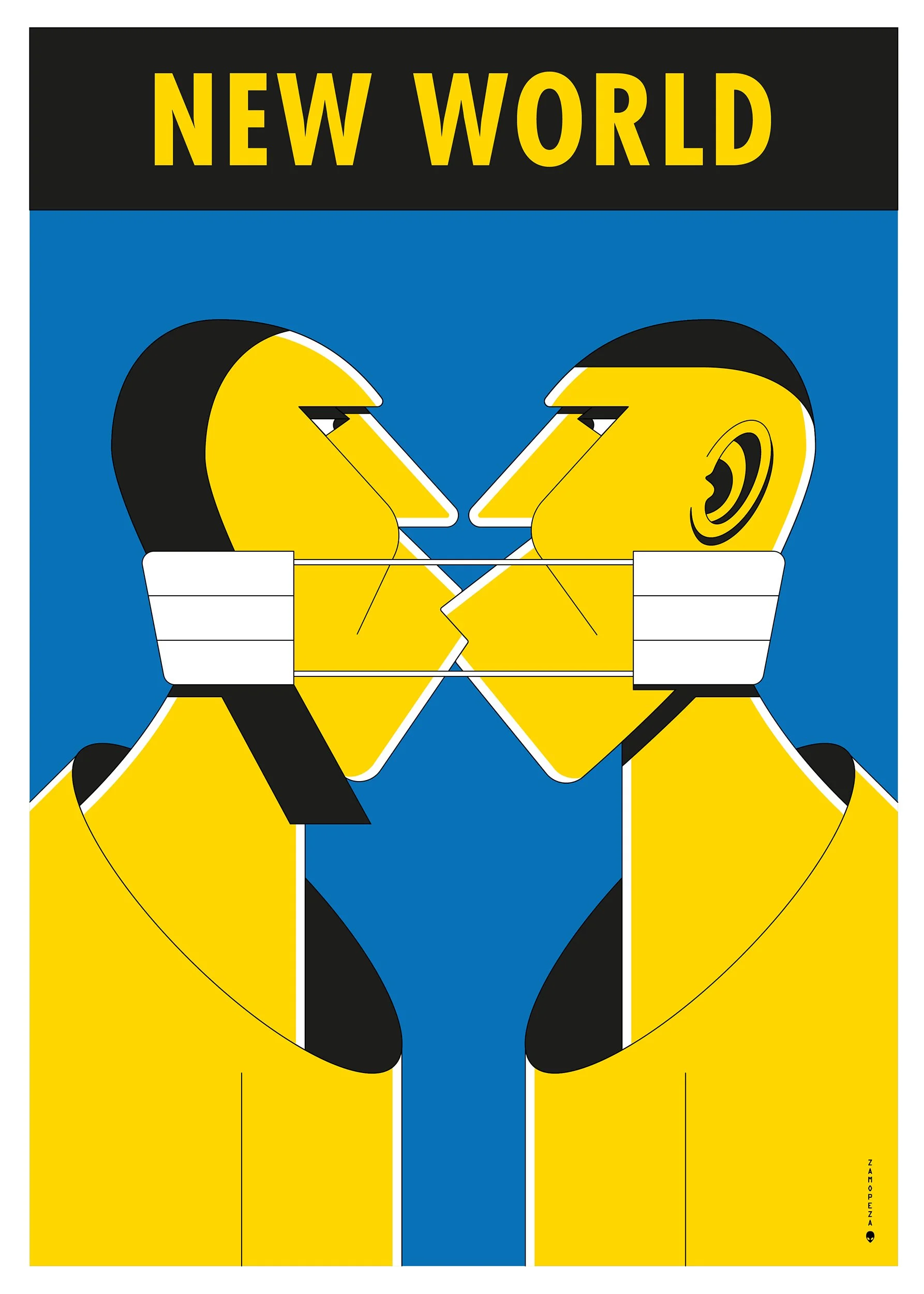 Artwork showing two human faces mirrored and connected by masks, created in the context of the COVID-19 pandemic. The text ‘New World’ appears at the top in yellow letters on a black background, with a blue background behind the faces.