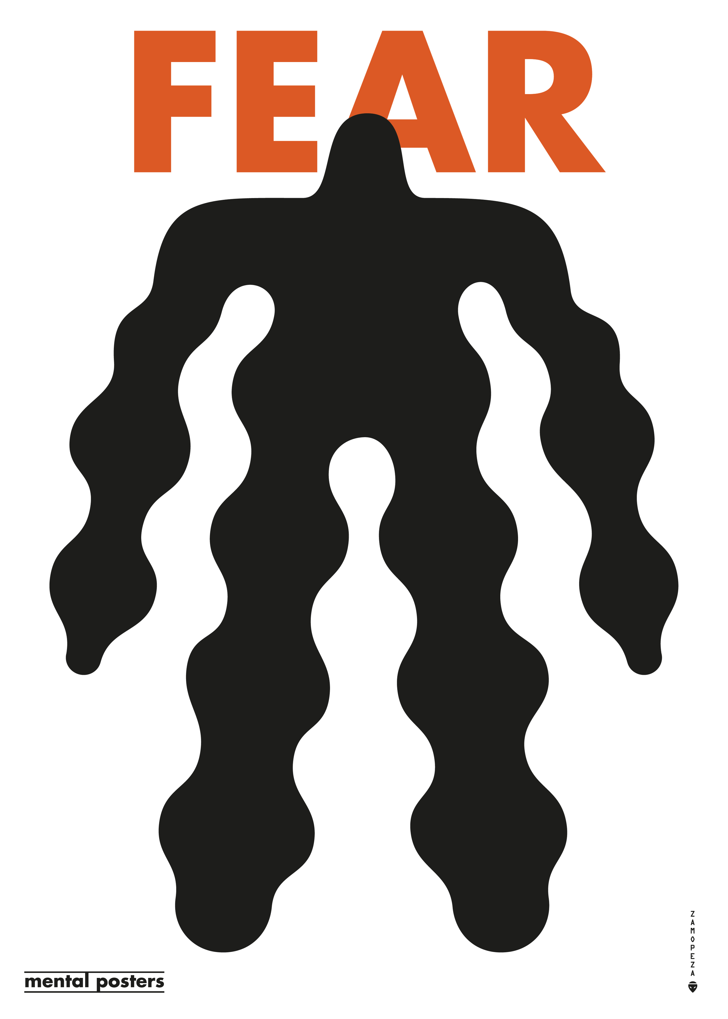 A black silhouette of a person with long, curly body, with the word "FEAR" in large red letters above the figure, and the phrase "mental posters" in smaller black text at the bottom left corner.