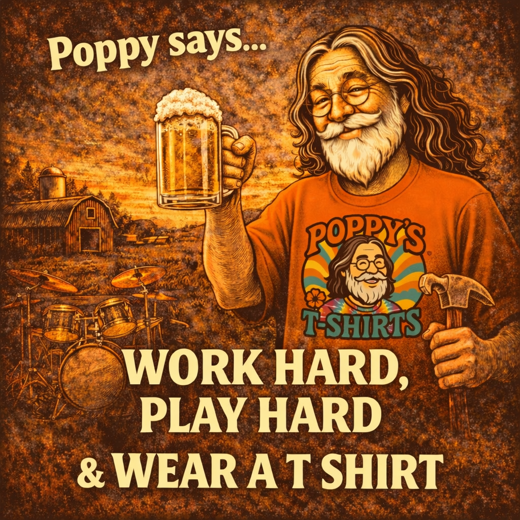 Poppy holding a beer with saying, "Work Hard, Play Hard and Wear a T Shirt