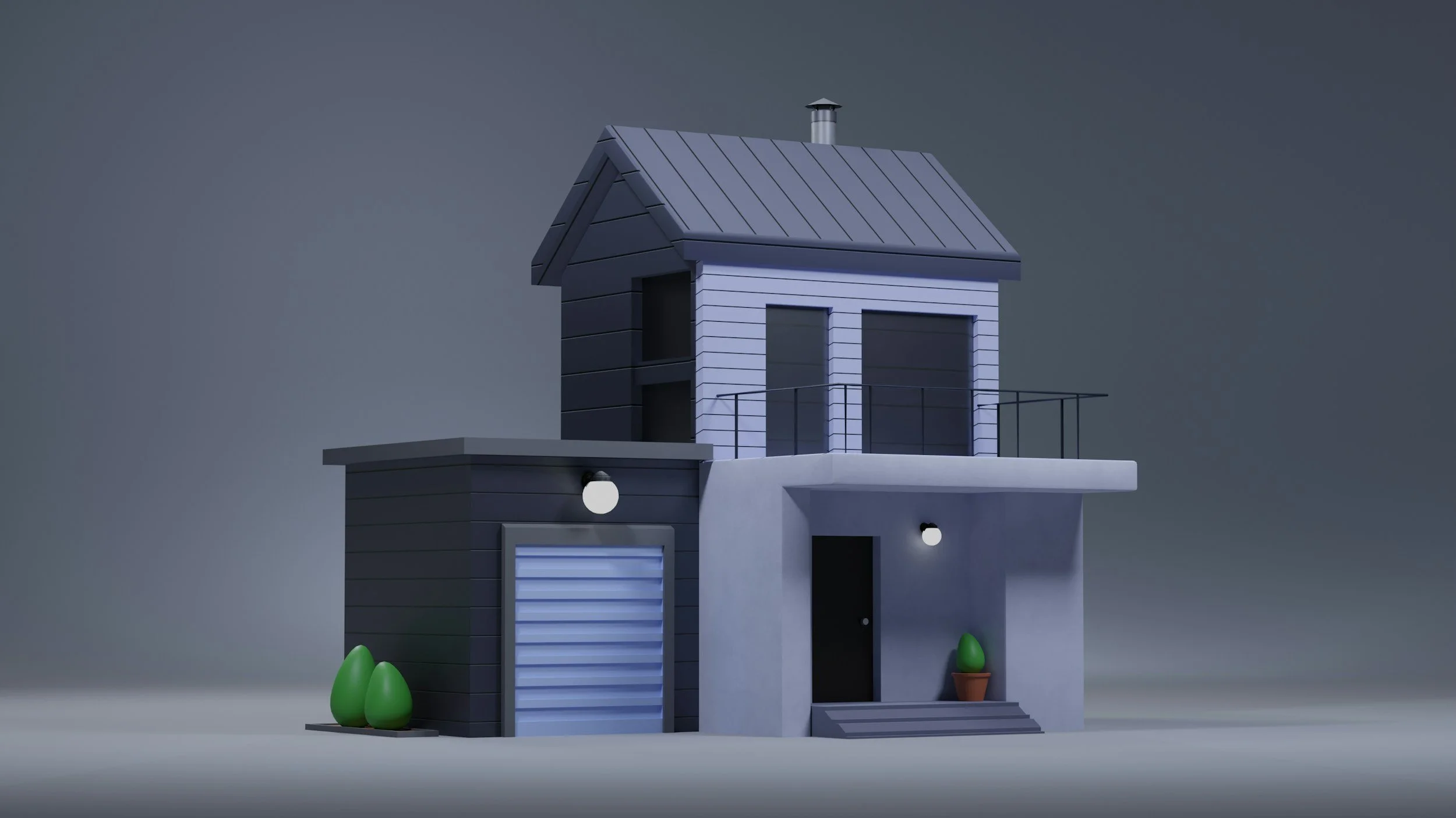 Digital illustration of a modern two-story house with a garage, balcony, outdoor lighting, and small potted plants in front.