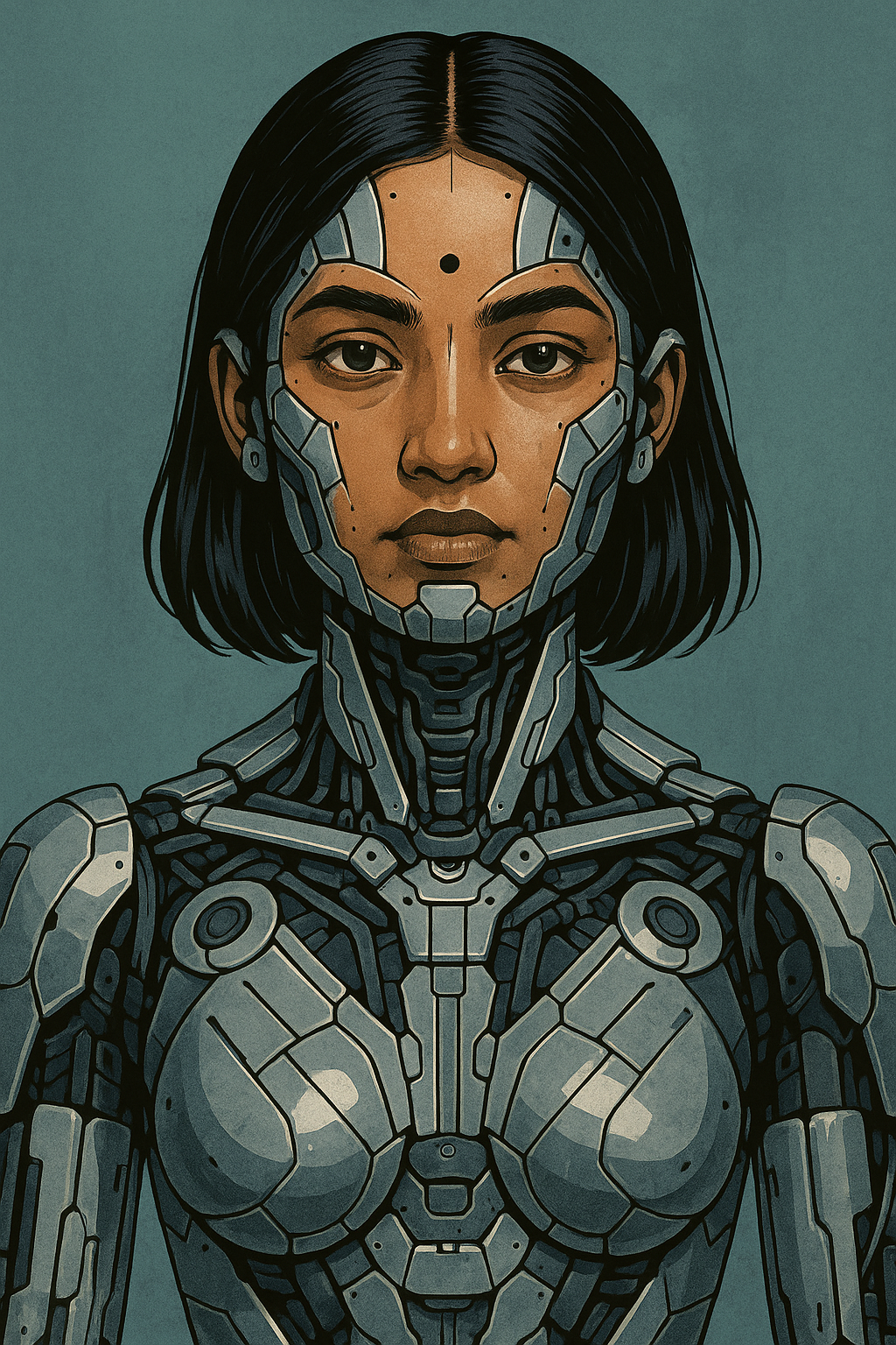 A digital illustration of a woman with a realistic face and short black hair, depicted as a cyborg with a robotic body that has metallic components and intricate circuitry.
